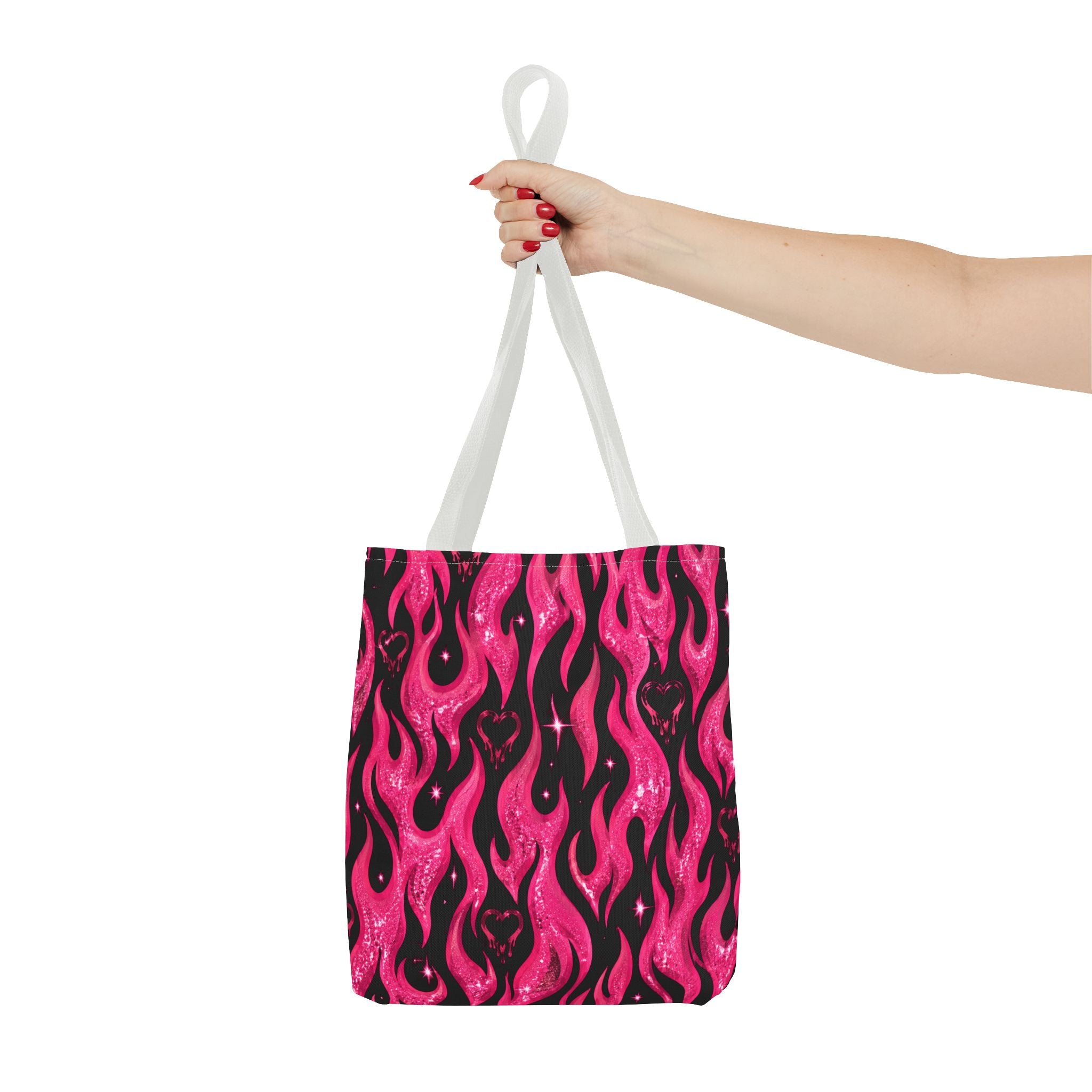 Pink Flame Heart Tote Bag — All-Over Print Gothic Flame Pattern