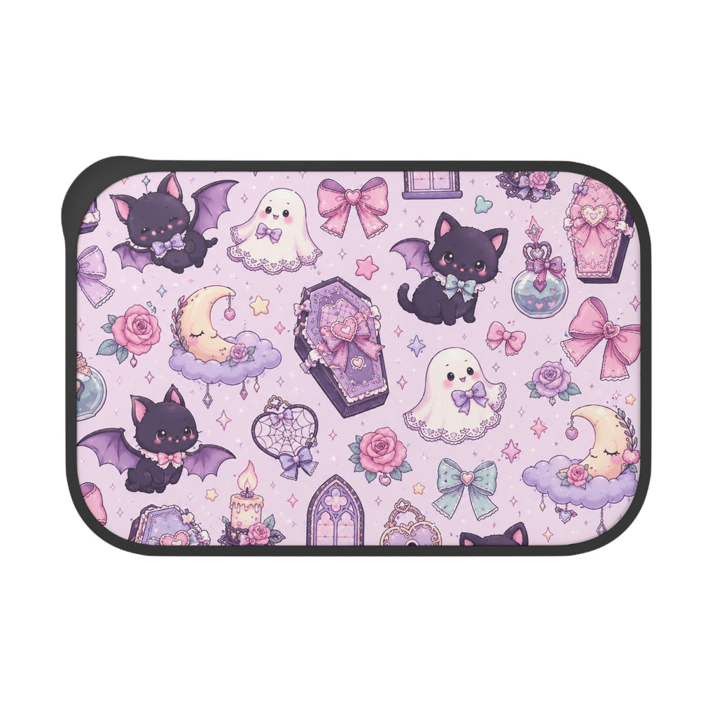 Kawaii Gothic Bento Box with Utensils — Cute Bat & Ghost Lunch Container