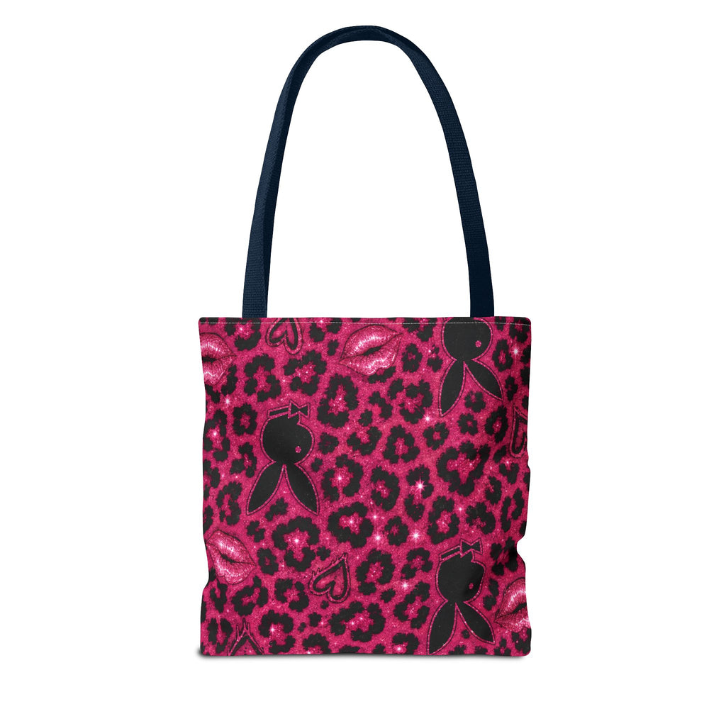 Pink Leopard Print Tote Bag with Black Bunny Silhouettes & Kiss Marks