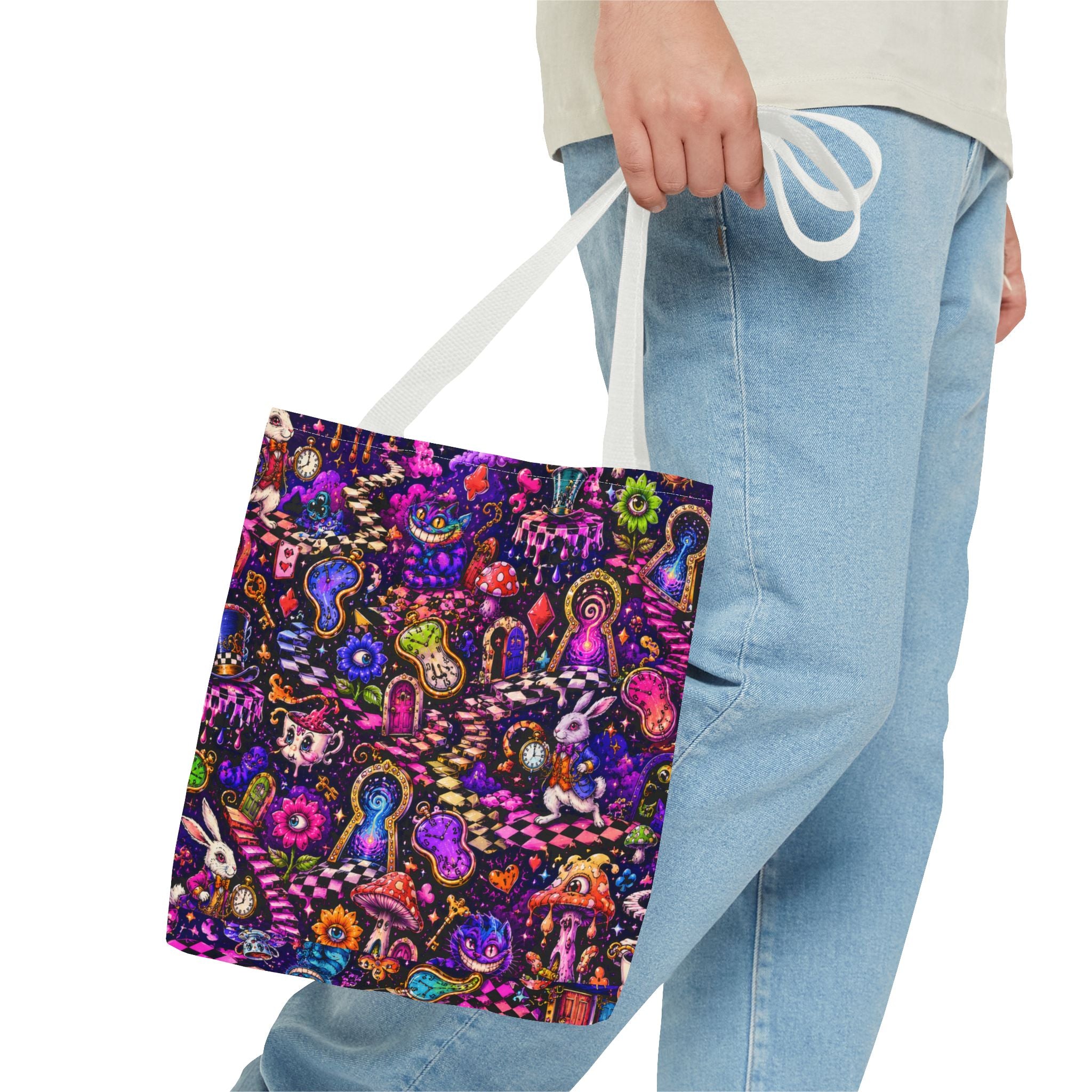 Psychedelic Mushroom Pattern Tote Bag — Colorful Trippy All-Over Print Tote