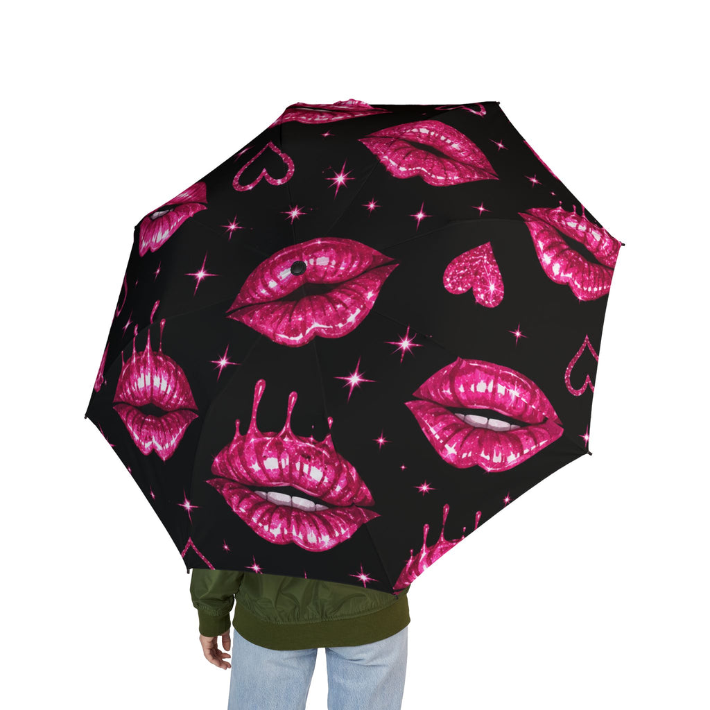 Compact Umbrella — Pink Lip Print Foldable Travel Umbrella (Semi‑Automatic)
