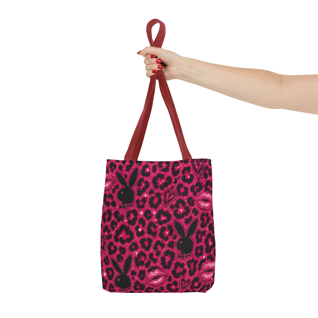 Pink Leopard Print Tote Bag with Black Bunny Silhouettes & Kiss Marks