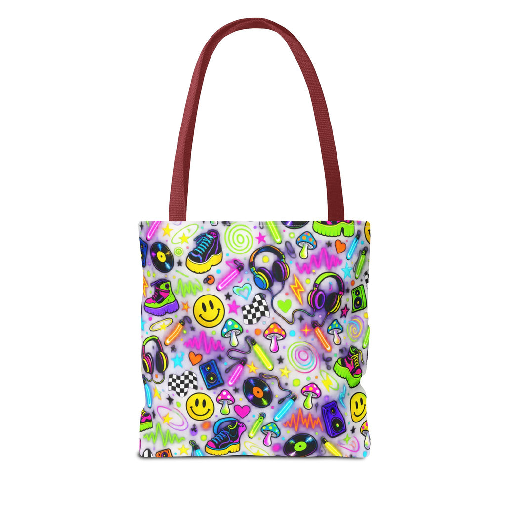 Neon 90s Sticker Collage Tote Bag — Retro Smileys, Records & Psychedelic Icons AOP