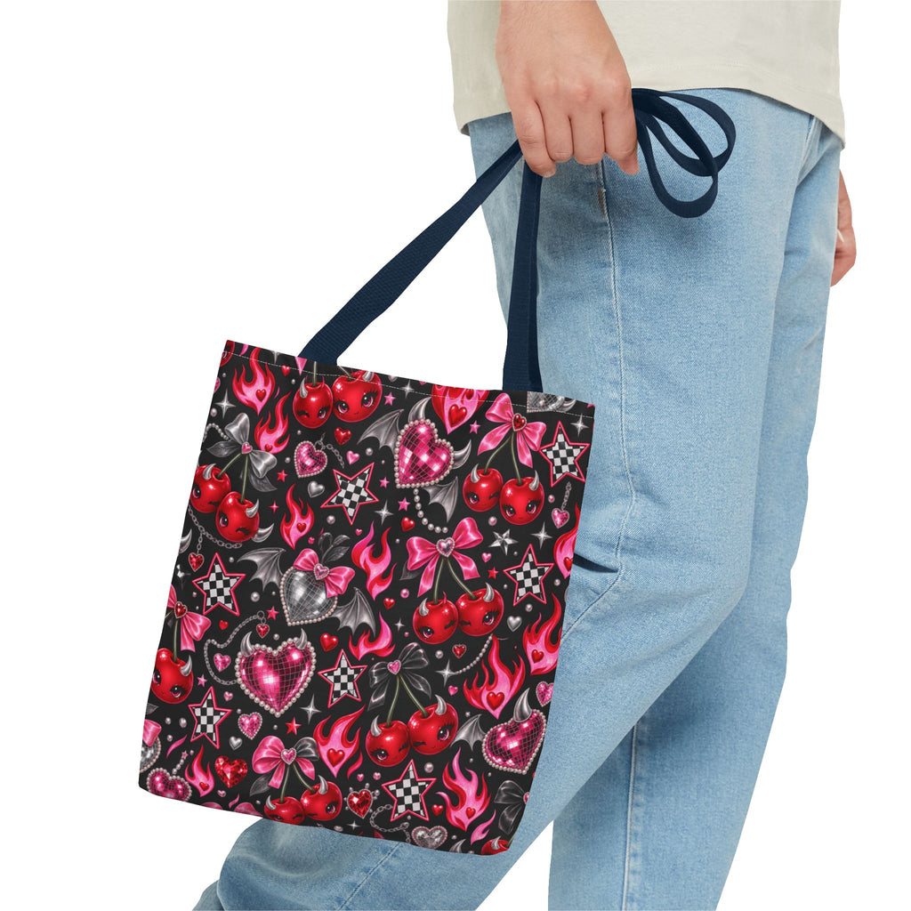 Cherry Hearts Pattern Tote Bag — Retro Kawaii Flaming Hearts & Bows AOP Tote