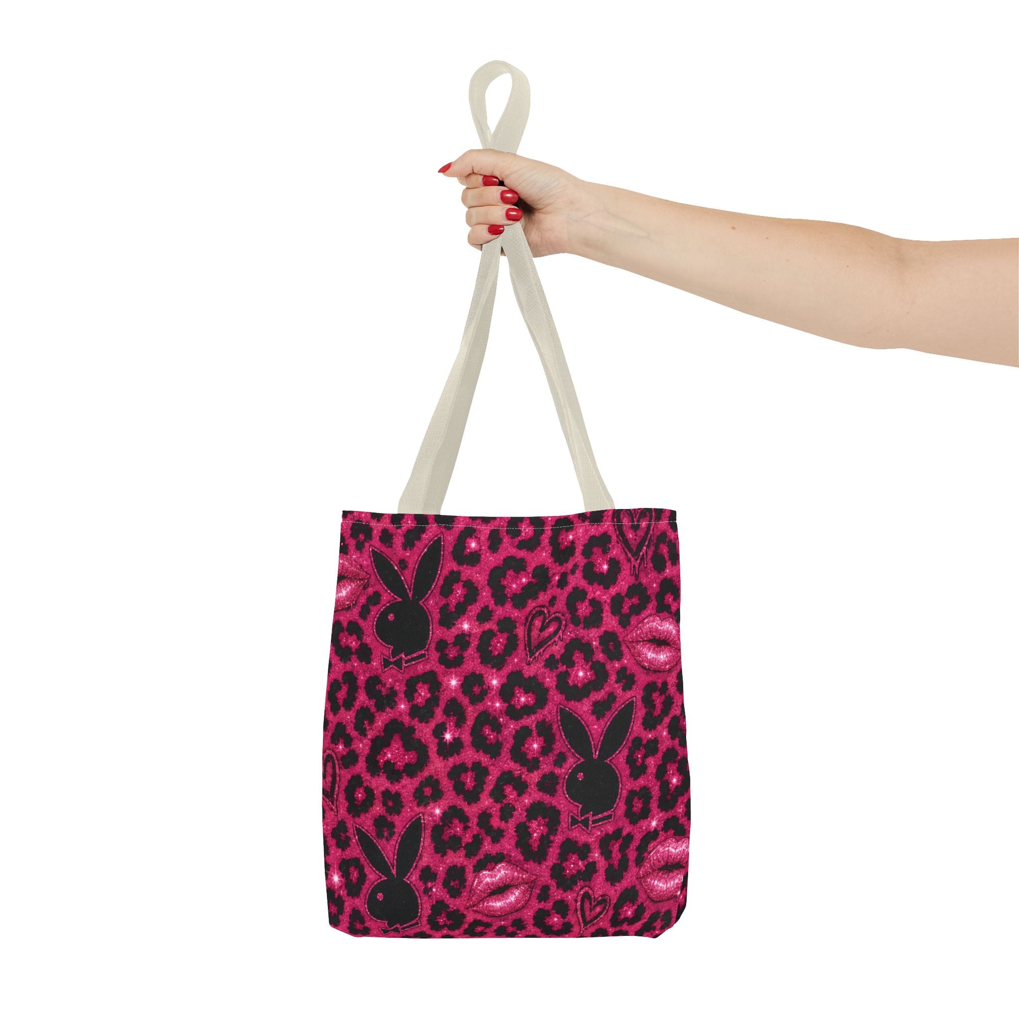 Pink Leopard Print Tote Bag with Black Bunny Silhouettes & Kiss Marks