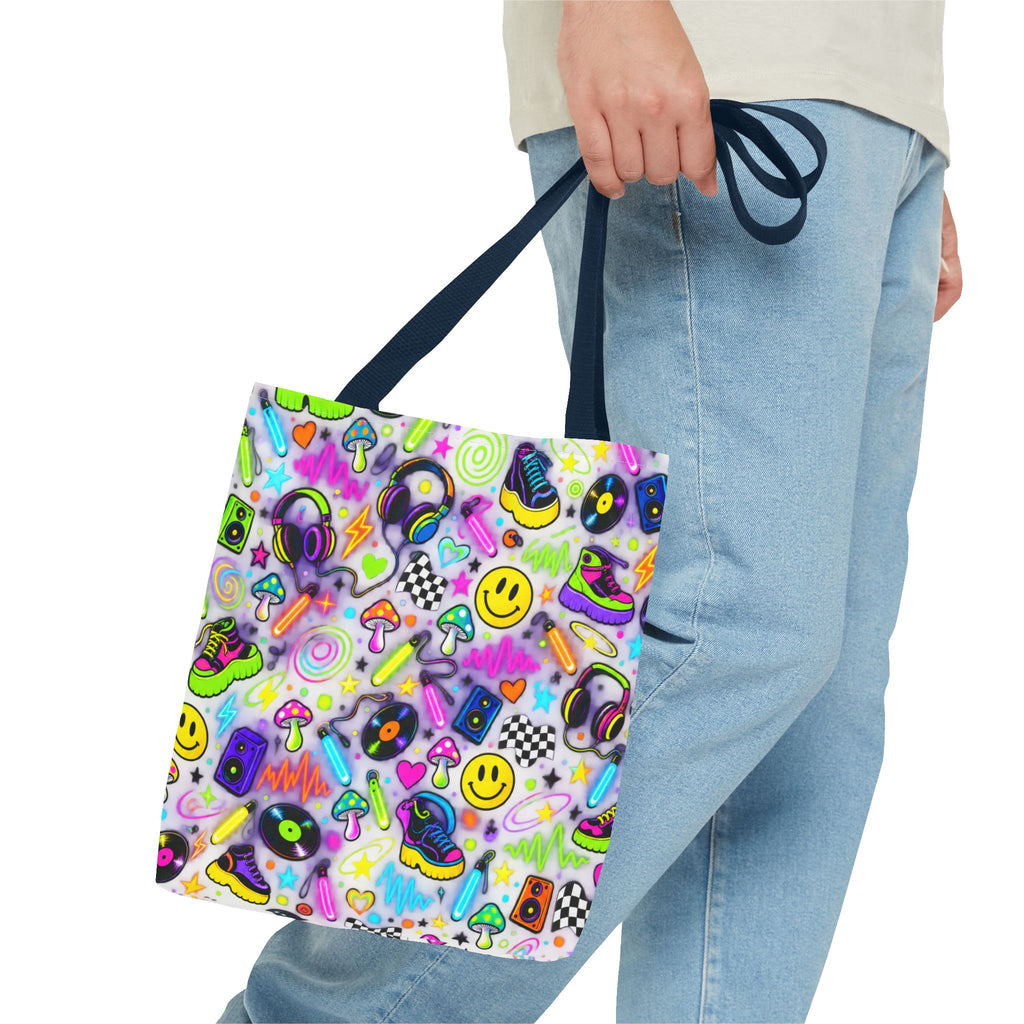 Neon 90s Sticker Collage Tote Bag — Retro Smileys, Records & Psychedelic Icons AOP