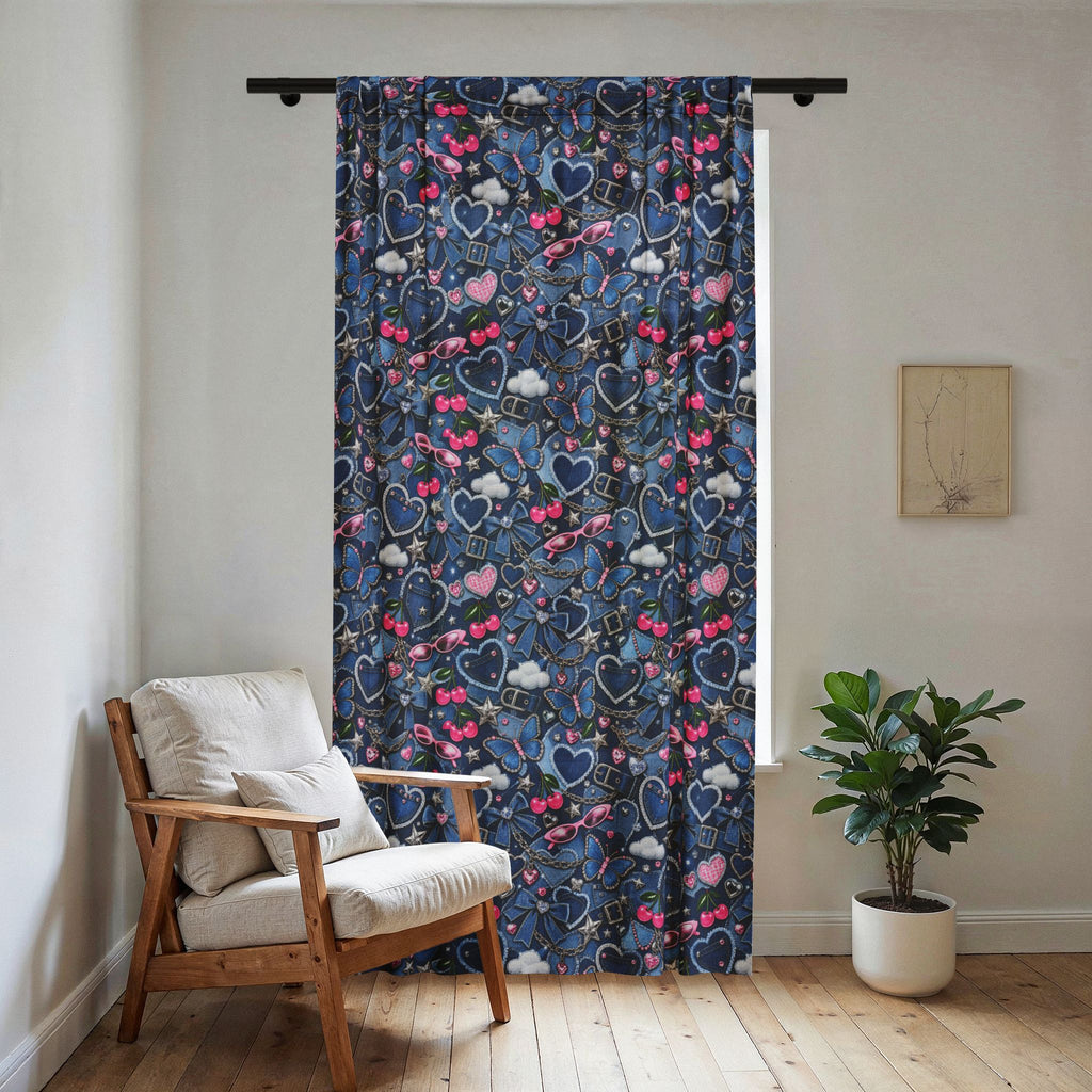 Y2K Denim Love Sheer Window Curtain Blue