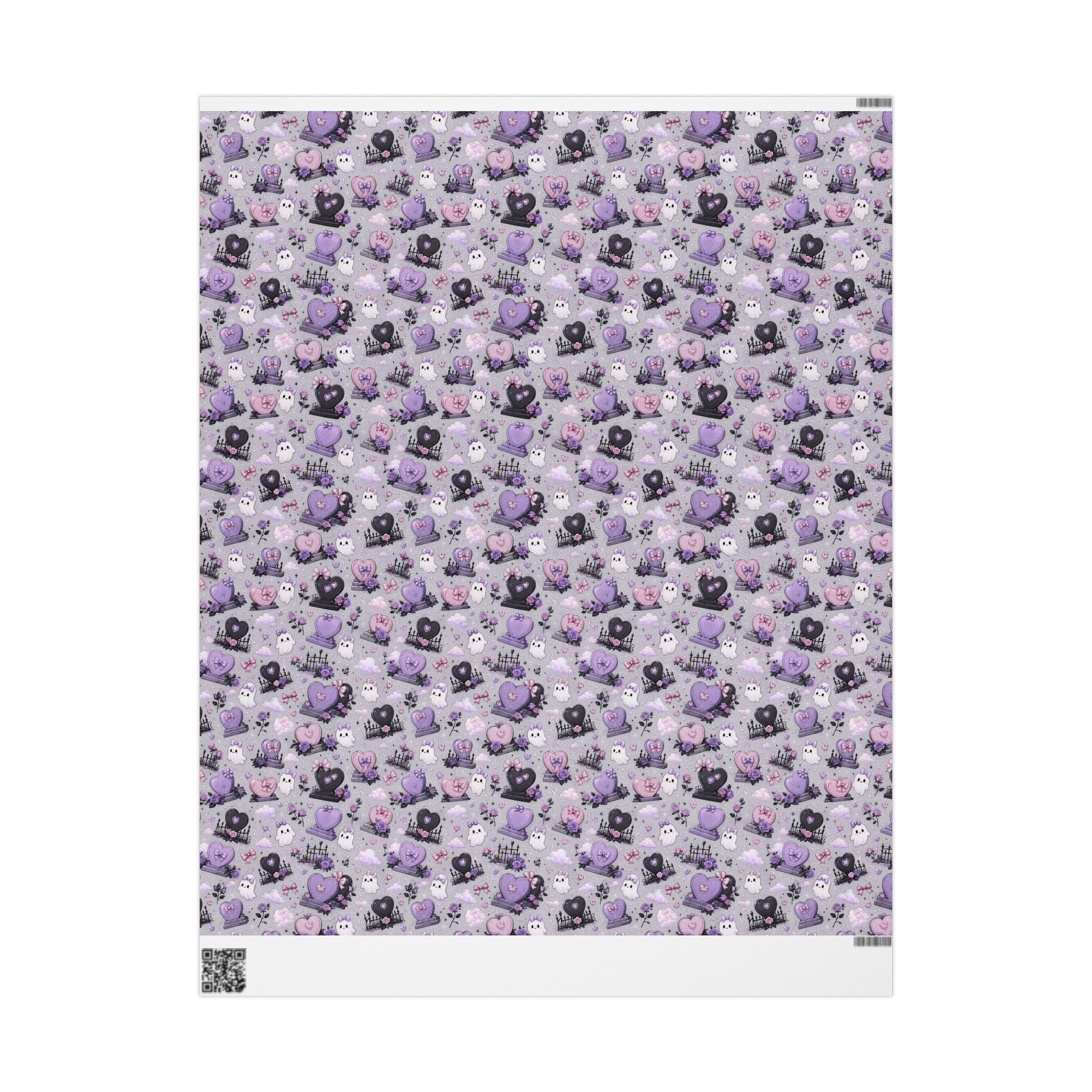 Gothic Cute Lavender Wrapping Paper – Purple Skull, Heart & Rose Pattern