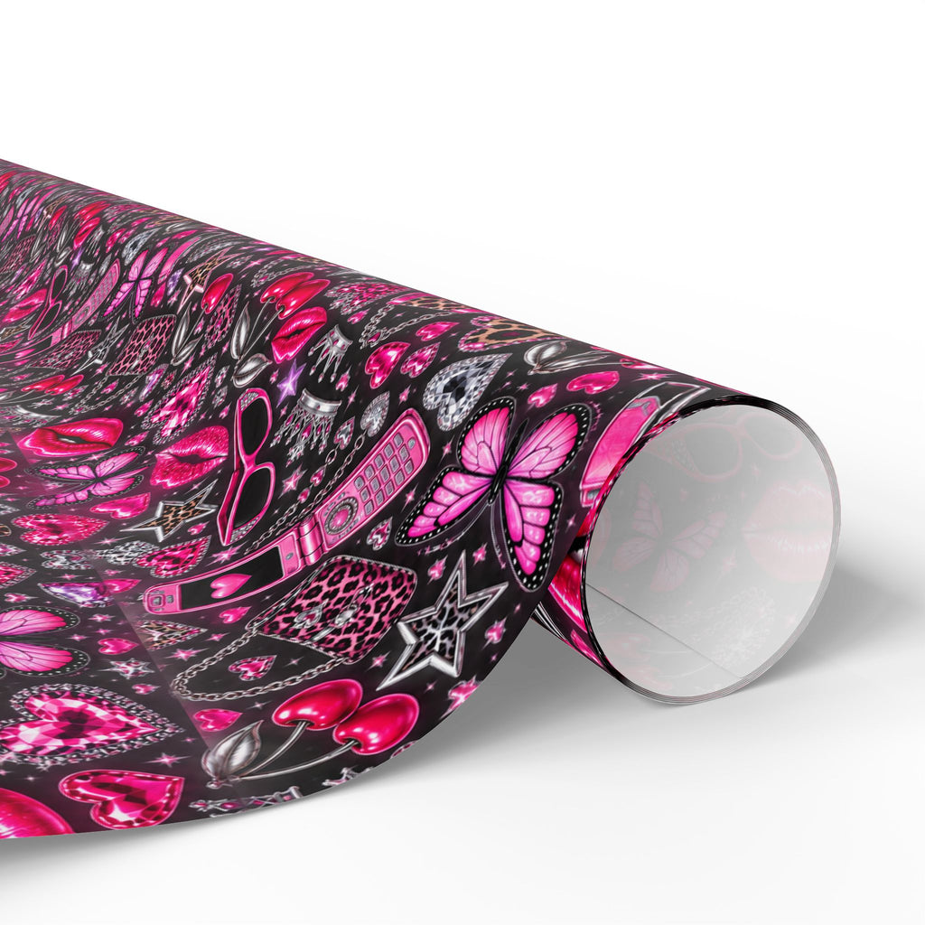 Y2K Hearts & Butterflies Wrapping Paper — Pink Romantic Gift Wrap