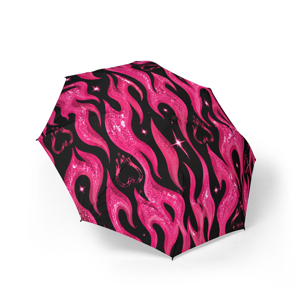 Pink Flame Foldable Umbrella — Glitter Hot Pink Flame Pattern, Compact Semi-Automatic Travel Umbrella