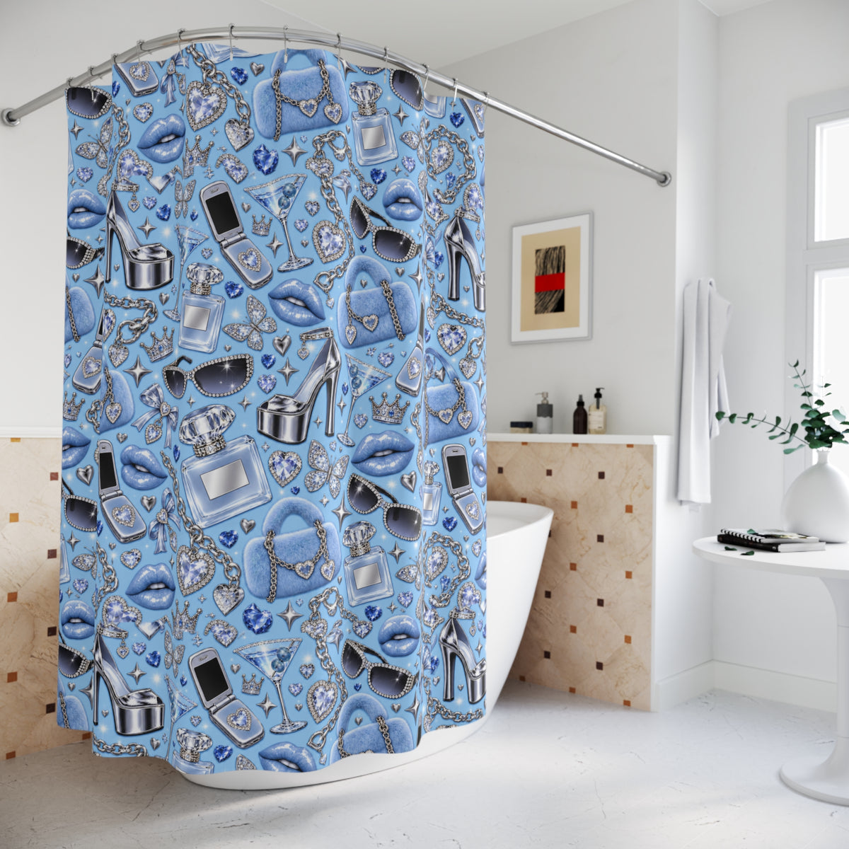 Y2K Baby Doll Shower Curtain Light Blue