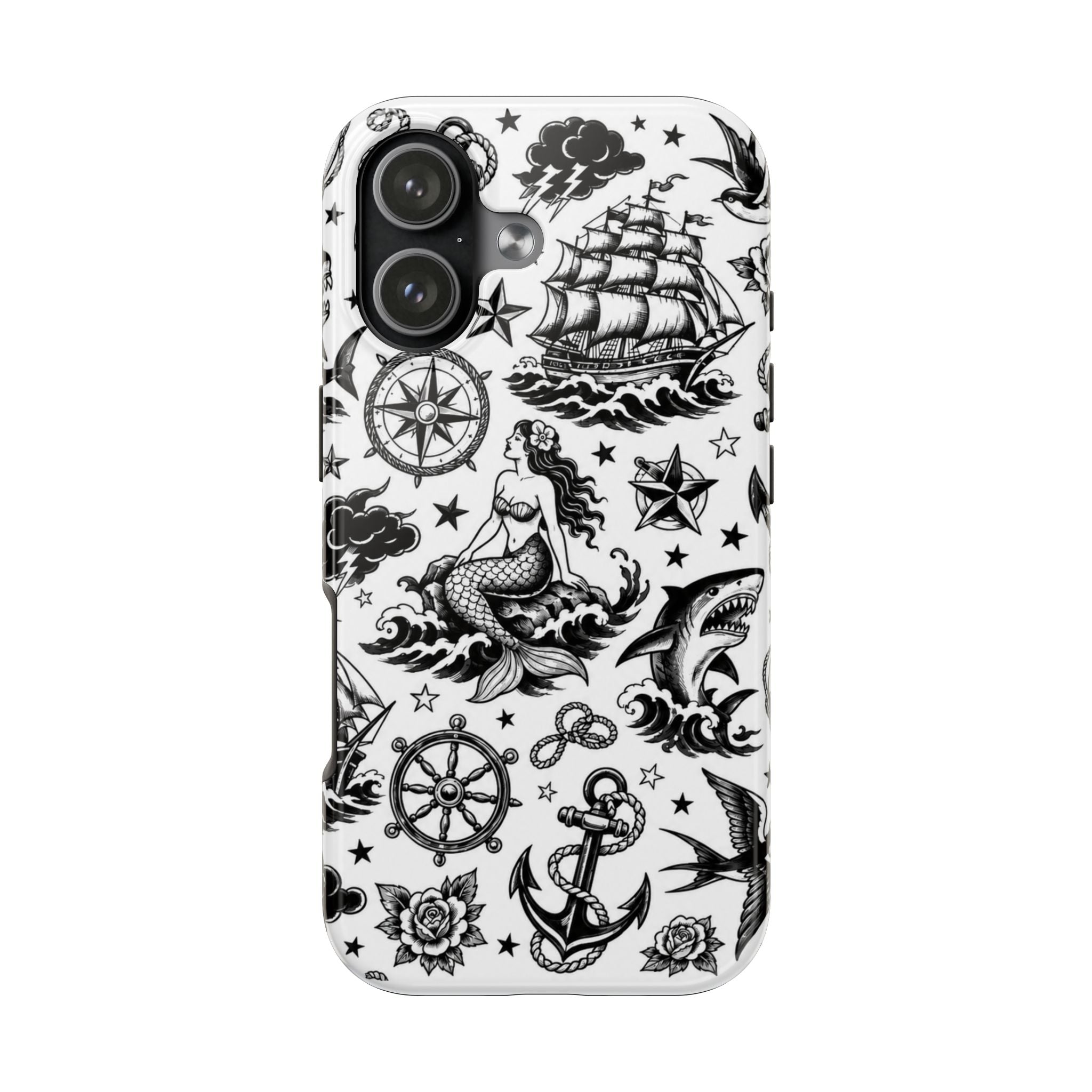 Nautical Tattoo Tough Phone Case — Vintage Sailor Ship, Mermaid & Anchor Design