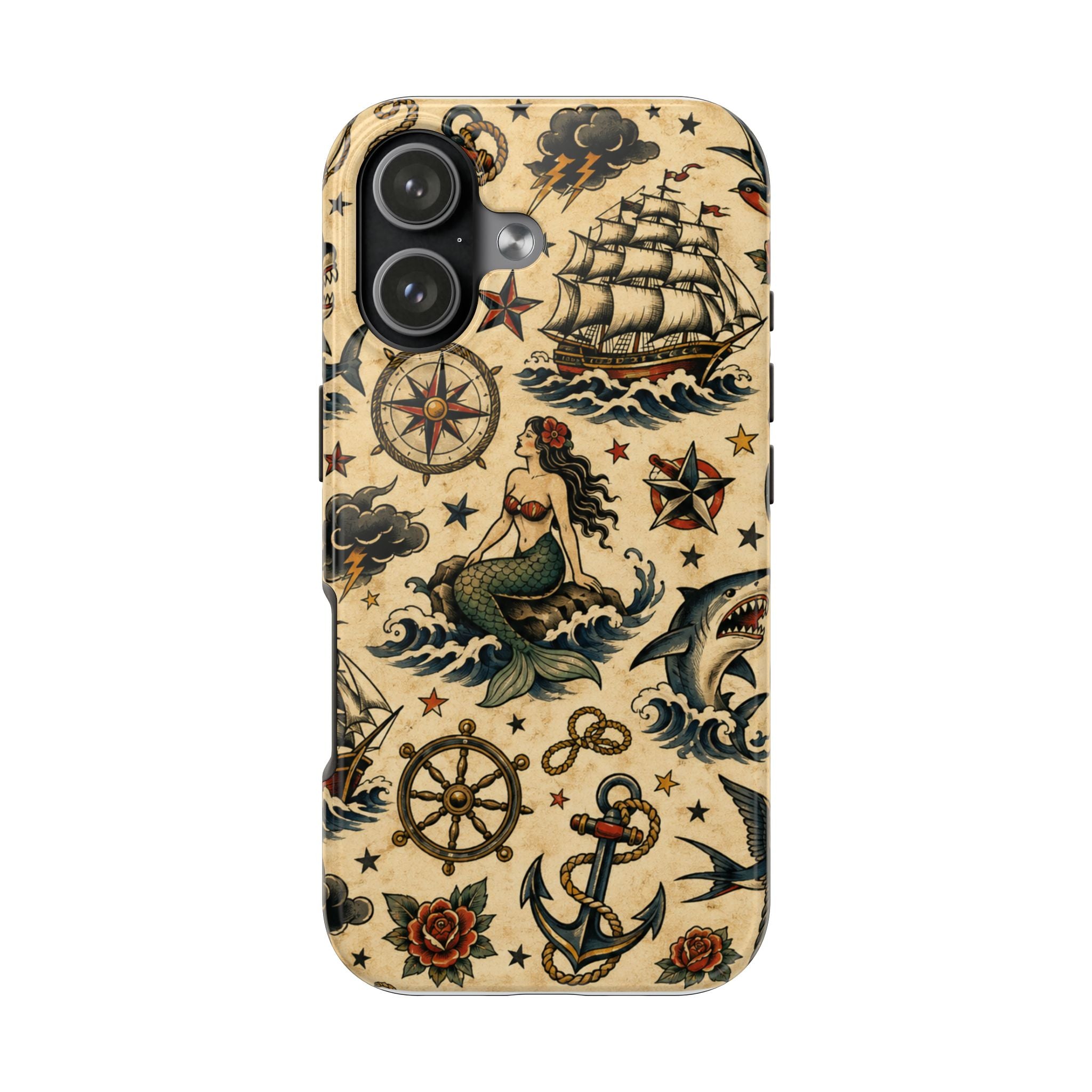 Vintage Nautical Tough Phone Case — Mermaid, Ship & Anchor Tattoo Art