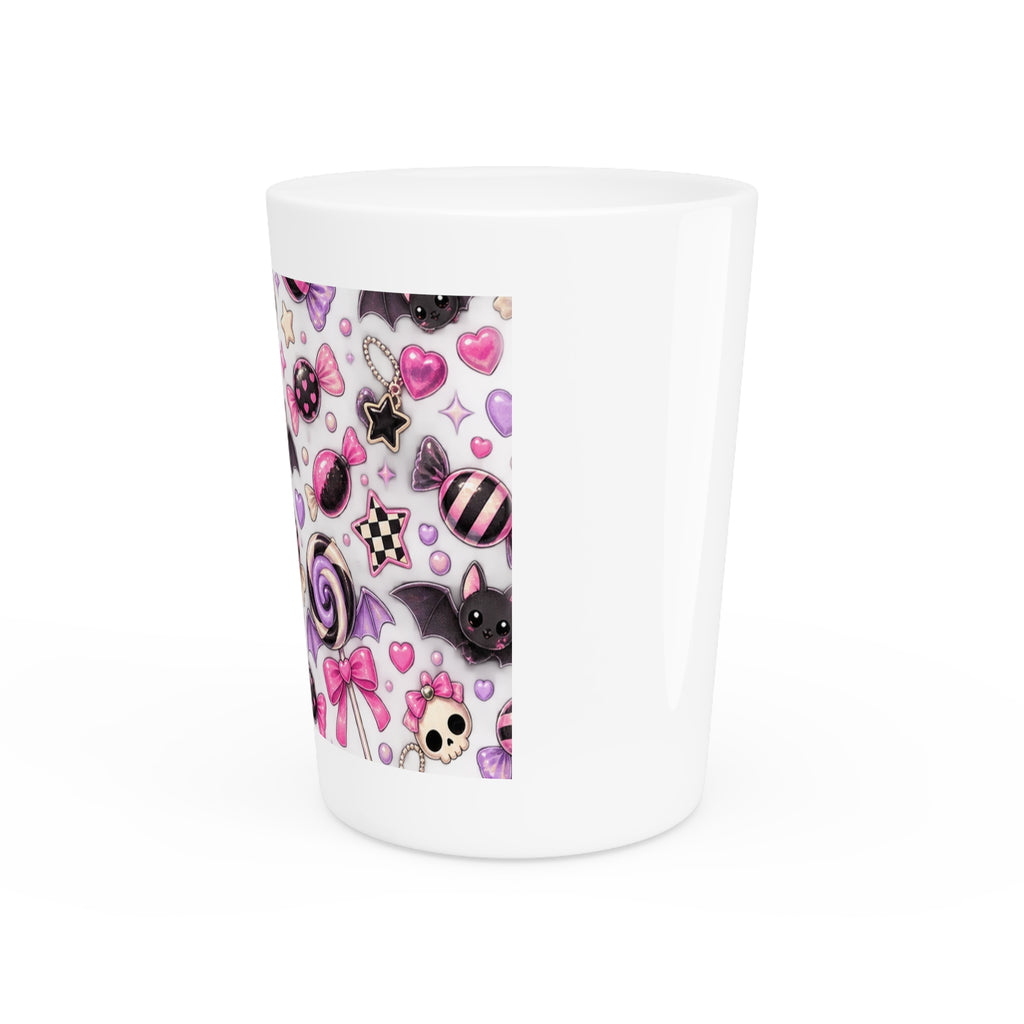 Kawaii Gothic Candy Shot Glass — Pink Bat, Skull & Sweets Design