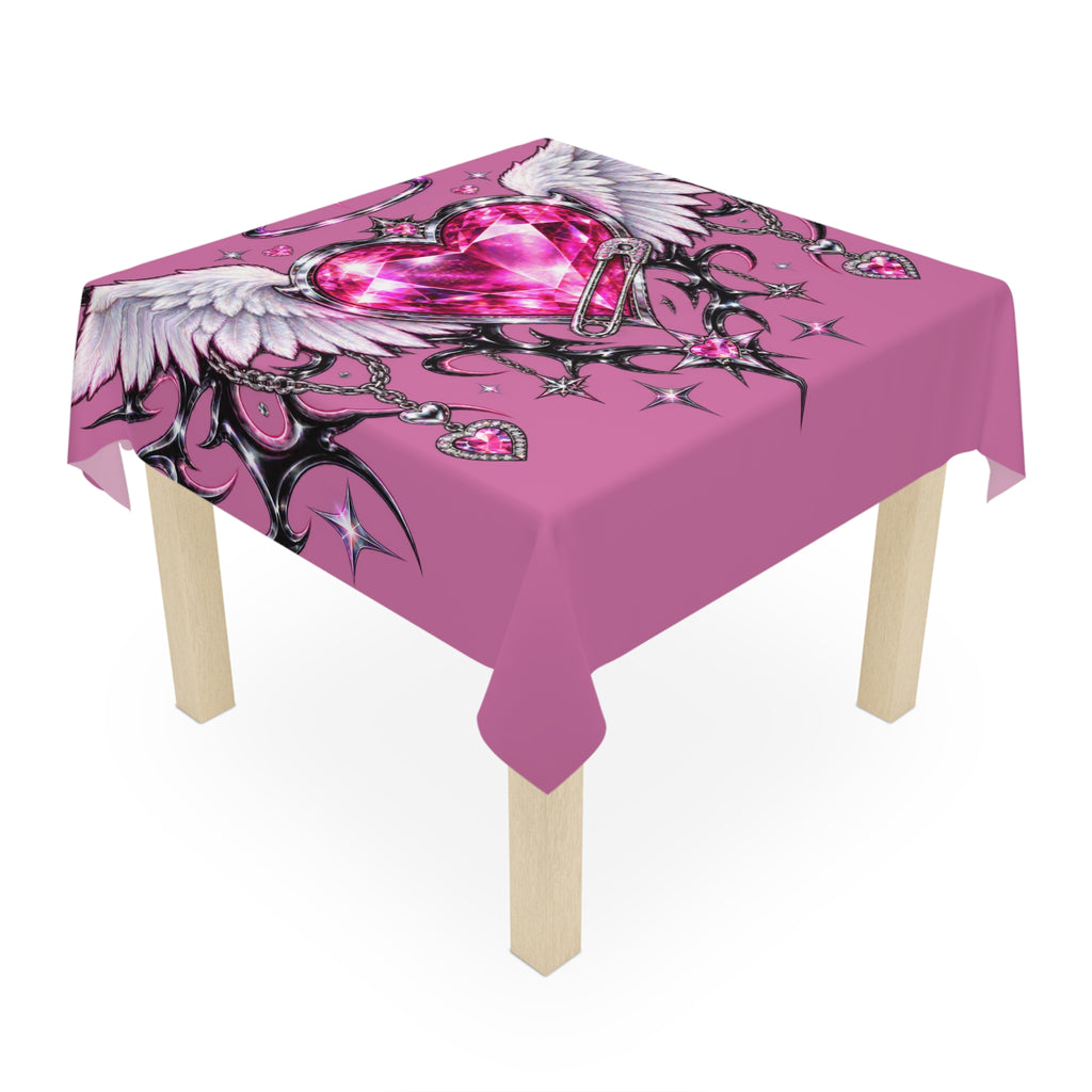 Pink Winged Heart Tablecloth — Gemstone Angel Heart Table Cover for Valentine’s Decor