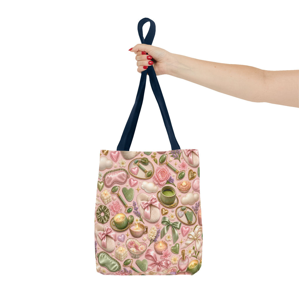 Spa Day Pattern Tote Bag – Pink Self-Care AOP Tote with Tea, Candles & Masks