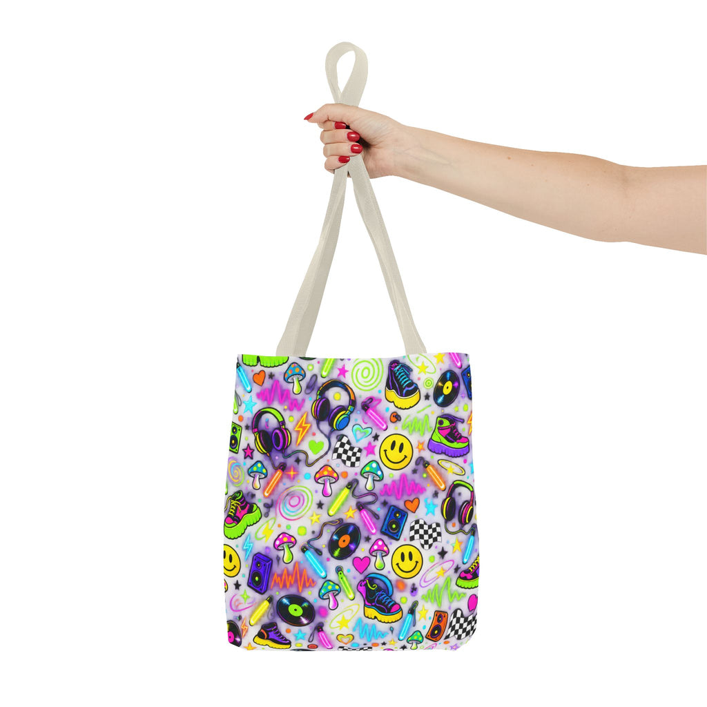 Neon 90s Sticker Collage Tote Bag — Retro Smileys, Records & Psychedelic Icons AOP