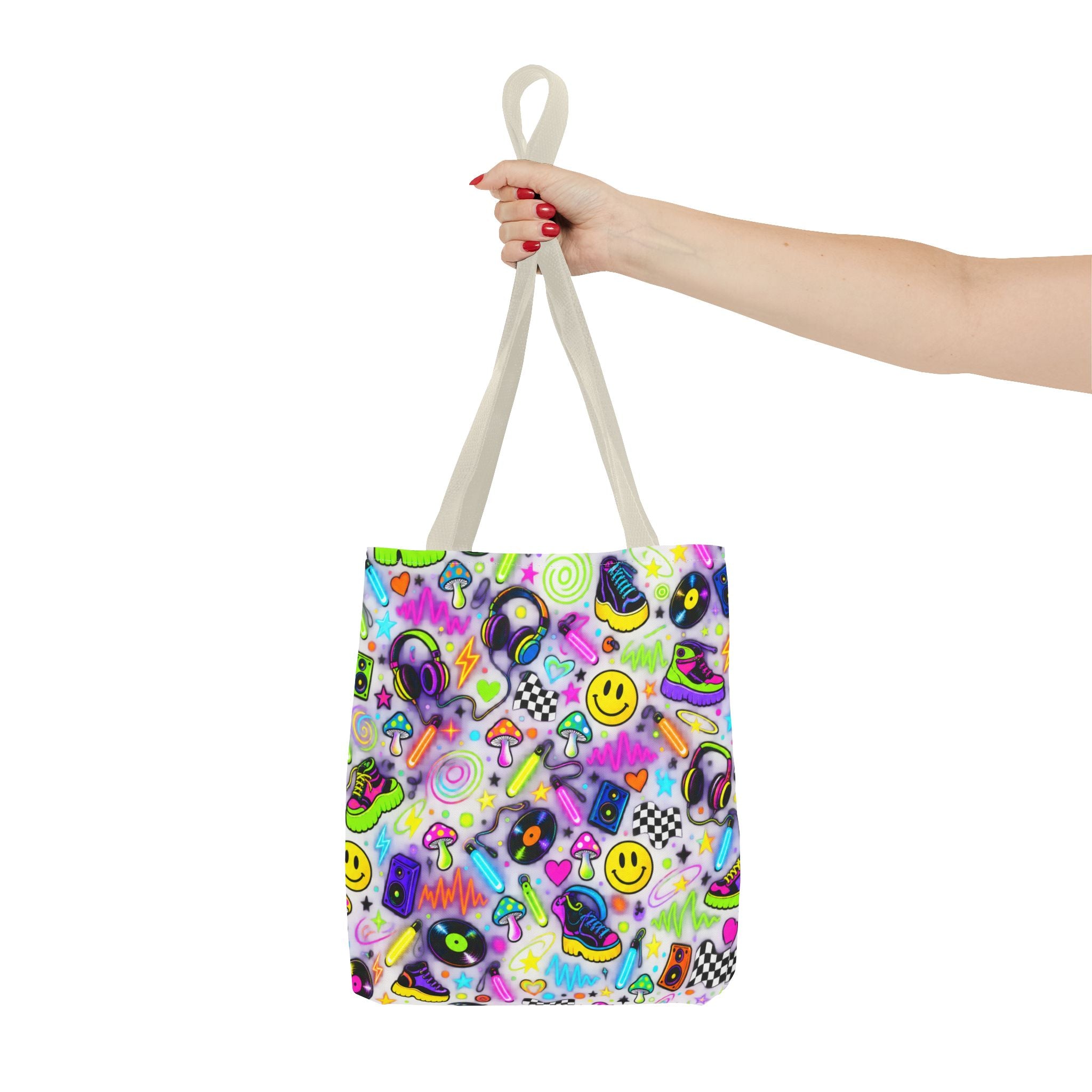 Neon 90s Sticker Collage Tote Bag — Retro Smileys, Records & Psychedelic Icons AOP