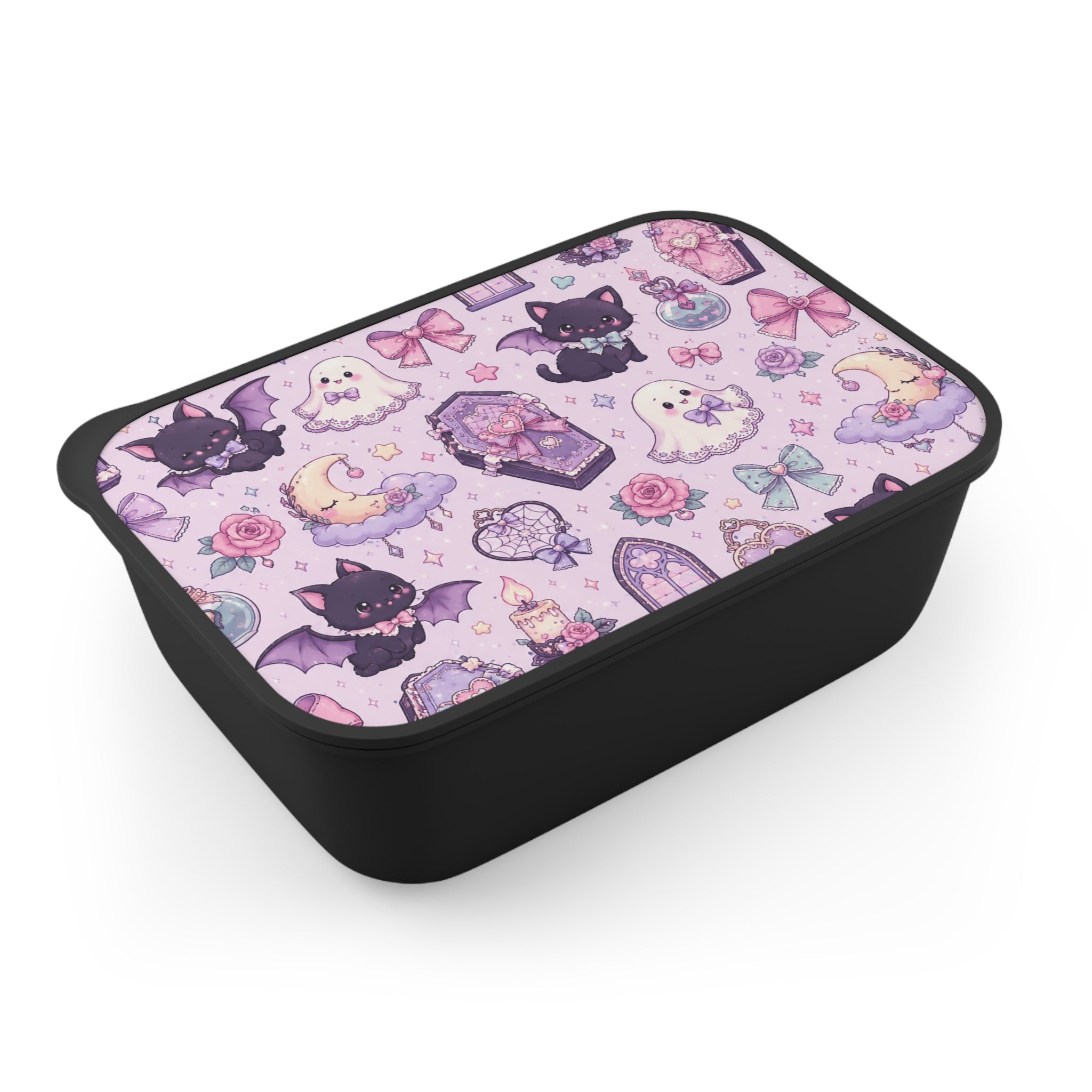 Kawaii Gothic Bento Box with Utensils — Cute Bat & Ghost Lunch Container