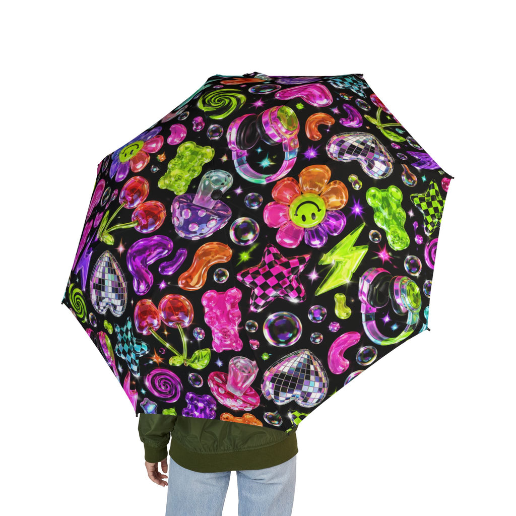 Foldable Umbrella — Neon Candy Pattern Semi-Automatic Compact Umbrella