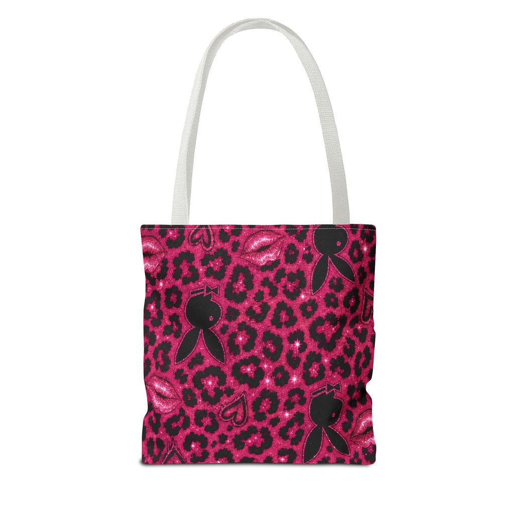 Pink Leopard Print Tote Bag with Black Bunny Silhouettes & Kiss Marks