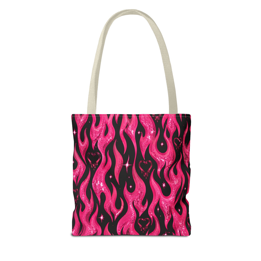 Pink Flame Heart Tote Bag — All-Over Print Gothic Flame Pattern