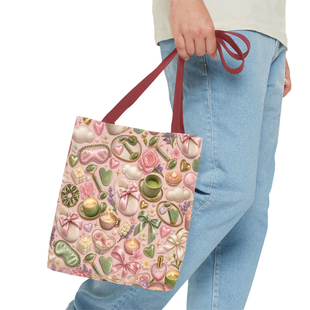 Spa Day Pattern Tote Bag – Pink Self-Care AOP Tote with Tea, Candles & Masks