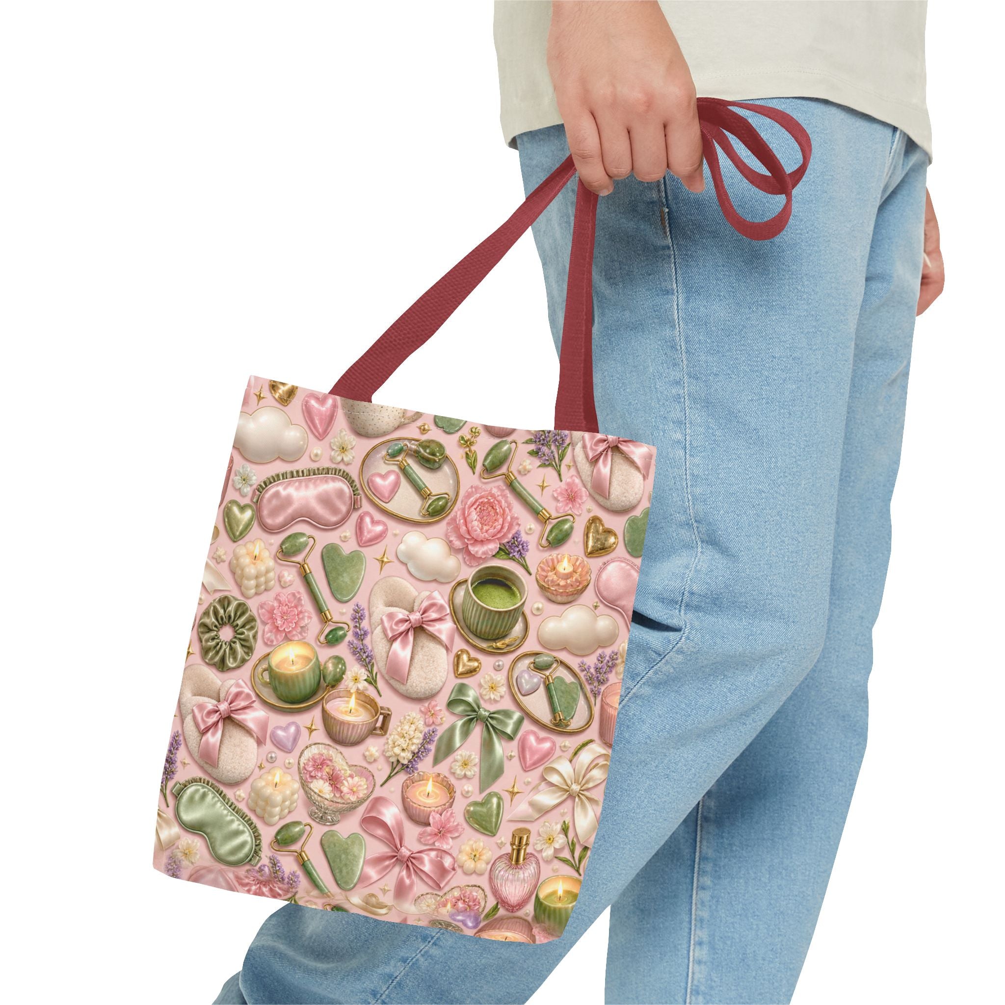 Spa Day Pattern Tote Bag – Pink Self-Care AOP Tote with Tea, Candles & Masks