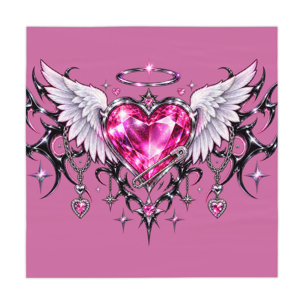 Pink Winged Heart Tablecloth — Gemstone Angel Heart Table Cover for Valentine’s Decor