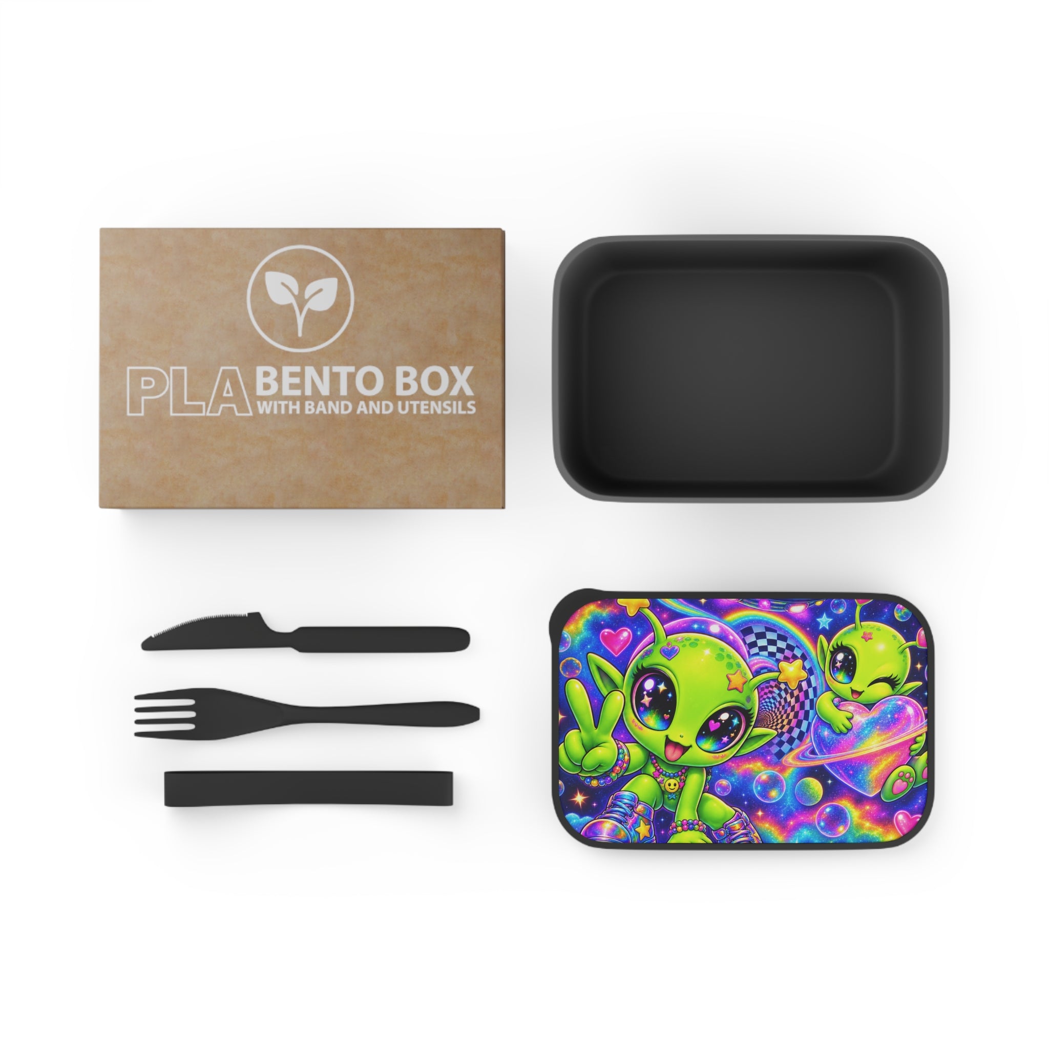 Alien Friends Bento Box — PLA Lunchbox with Utensils (Cute Neon Space Design)
