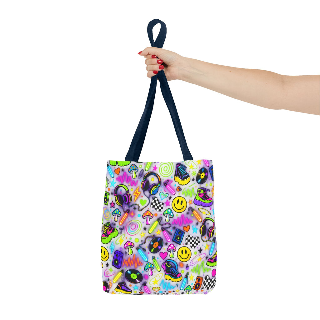 Neon 90s Sticker Collage Tote Bag — Retro Smileys, Records & Psychedelic Icons AOP