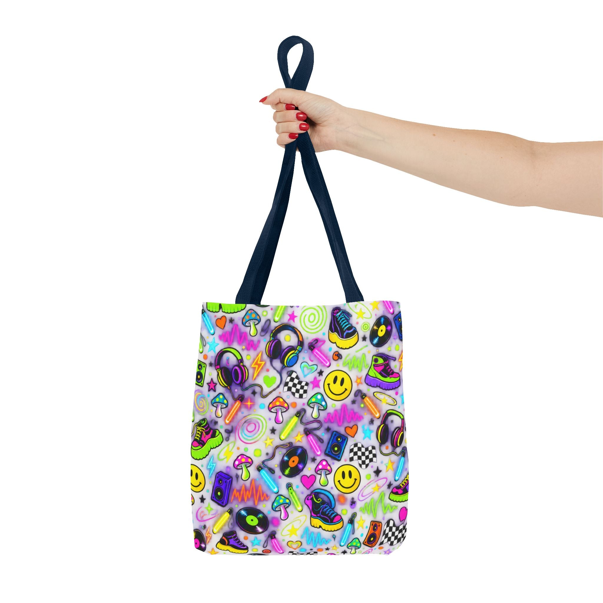 Neon 90s Sticker Collage Tote Bag — Retro Smileys, Records & Psychedelic Icons AOP