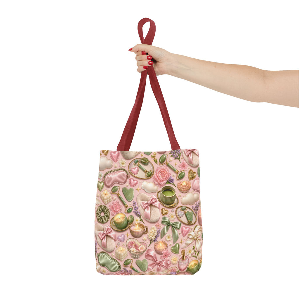 Spa Day Pattern Tote Bag – Pink Self-Care AOP Tote with Tea, Candles & Masks