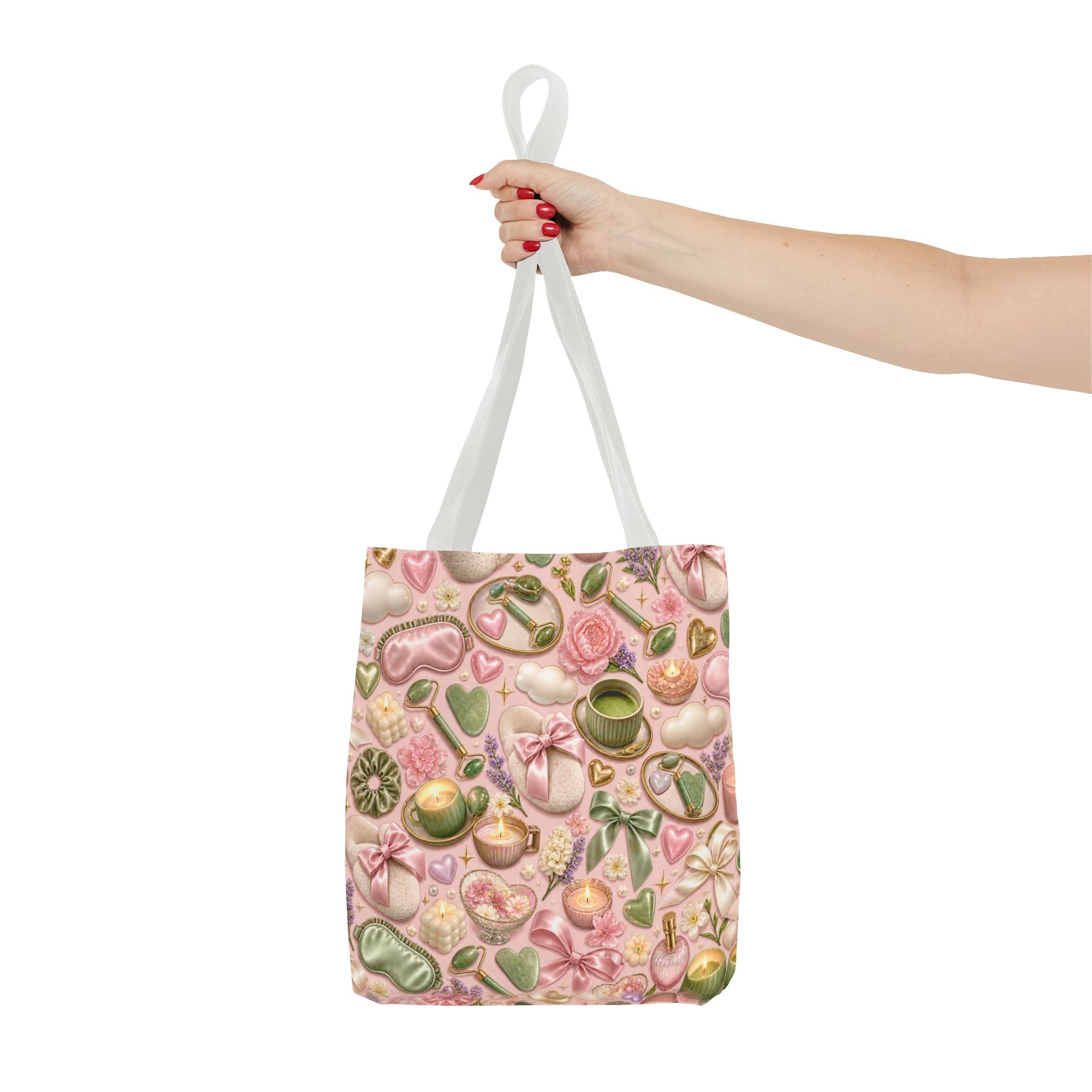Spa Day Pattern Tote Bag – Pink Self-Care AOP Tote with Tea, Candles & Masks