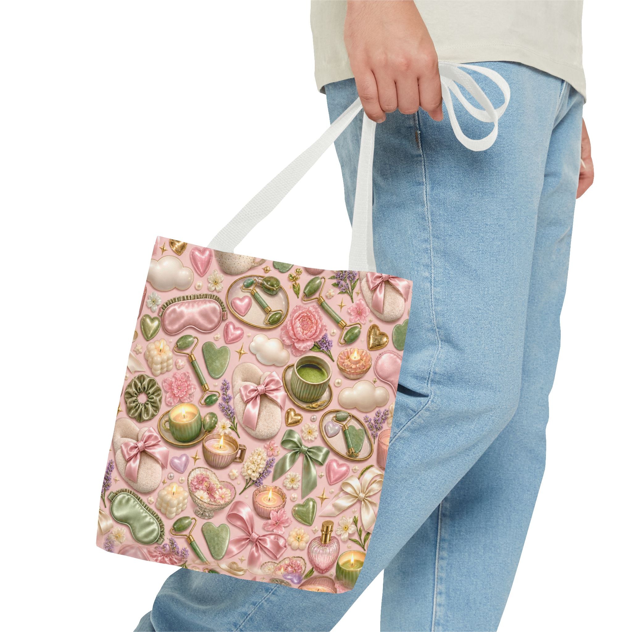Spa Day Pattern Tote Bag – Pink Self-Care AOP Tote with Tea, Candles & Masks