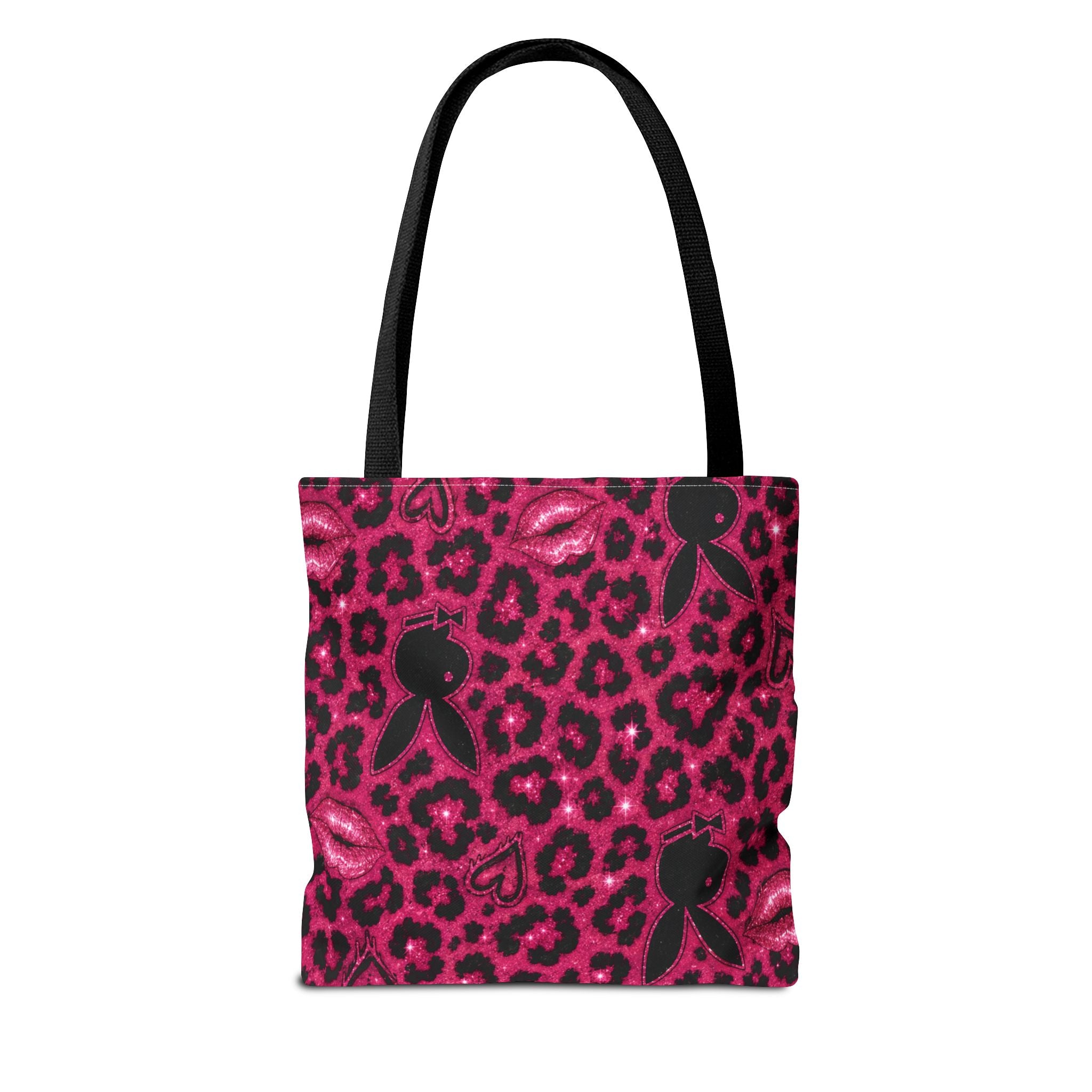 Pink Leopard Print Tote Bag with Black Bunny Silhouettes & Kiss Marks