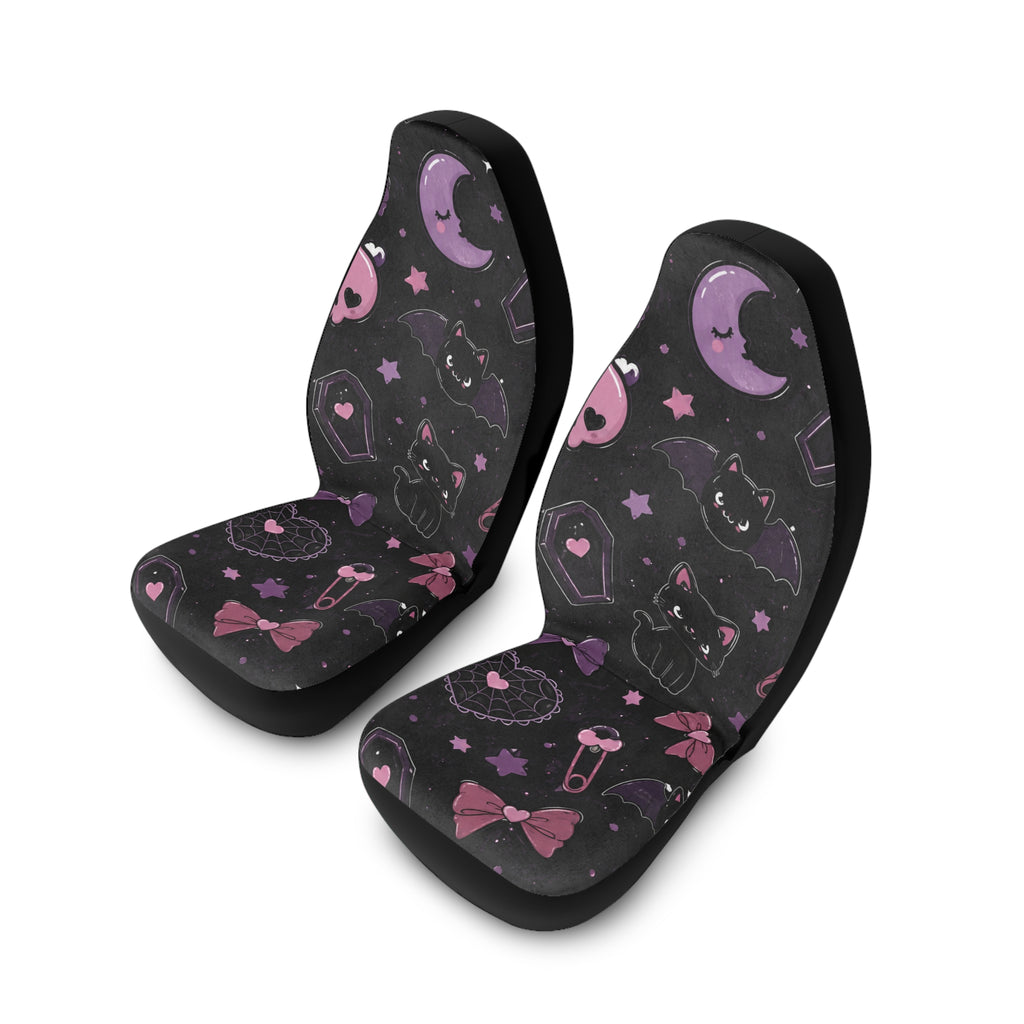 Gothic Kawaii Cat Car Seat Covers — Purple Moon & Coffin Polyester Protector