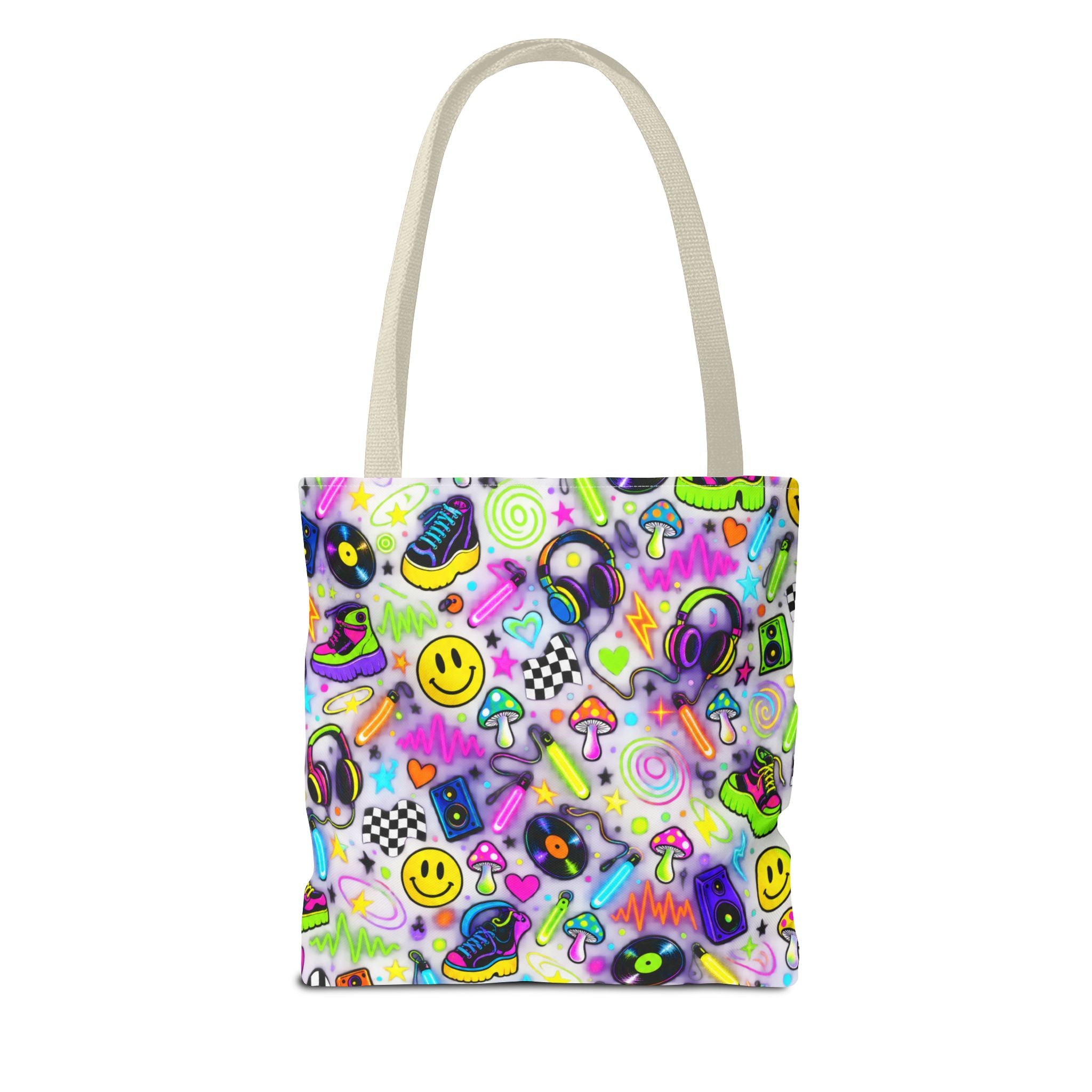 Neon 90s Sticker Collage Tote Bag — Retro Smileys, Records & Psychedelic Icons AOP