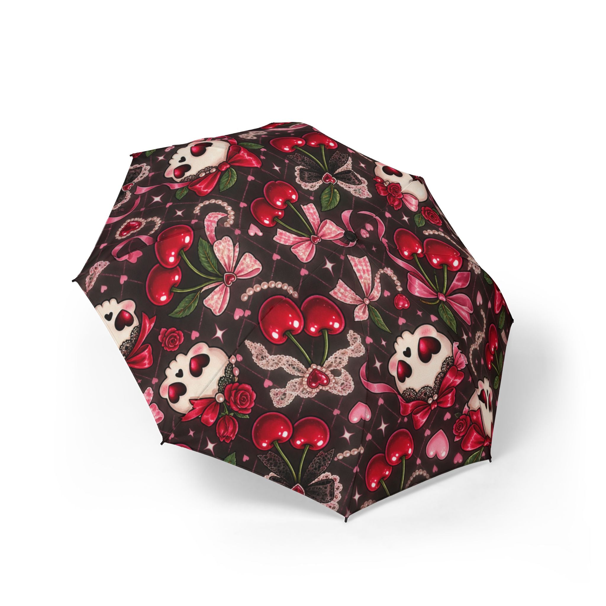 Foldable Umbrella — Gothic Cherry & Skull Pattern, Compact Semi‑Automatic Rain Umbrella