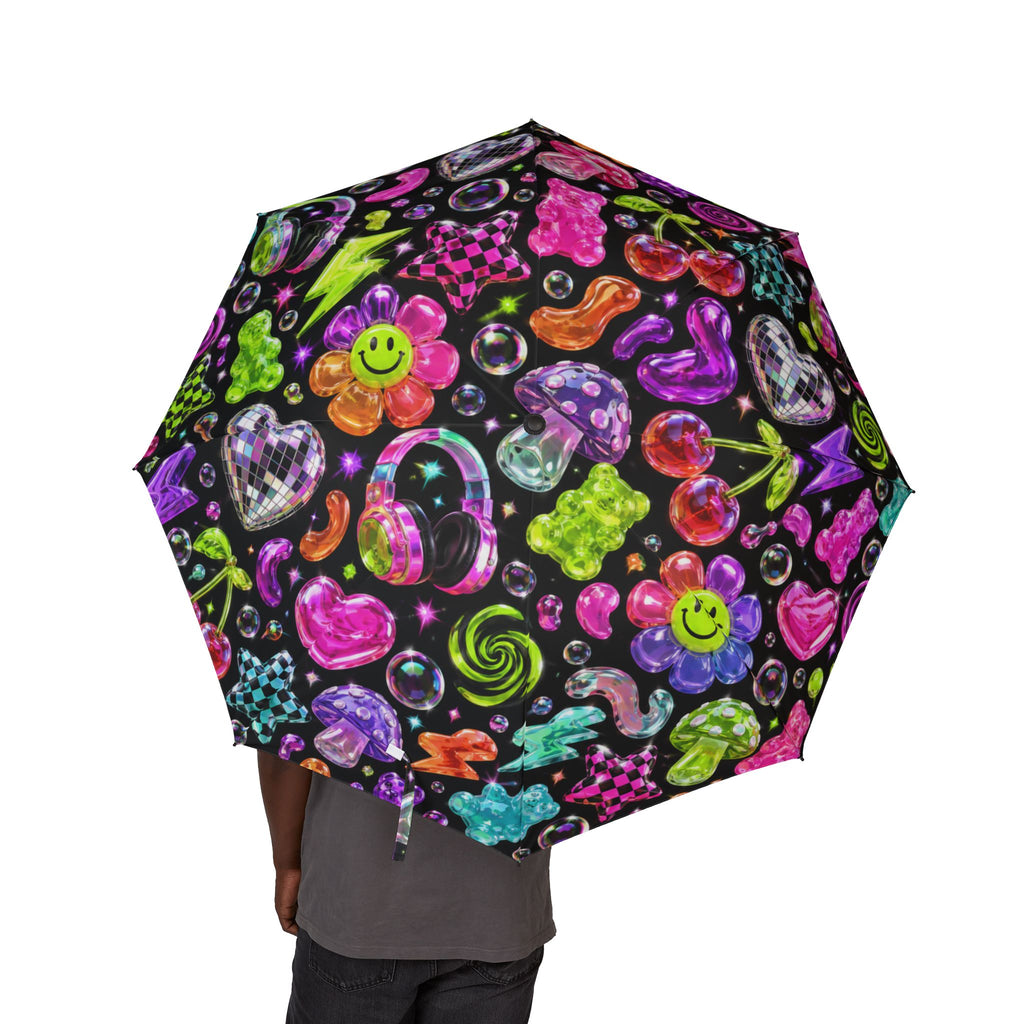 Foldable Umbrella — Neon Candy Pattern Semi-Automatic Compact Umbrella