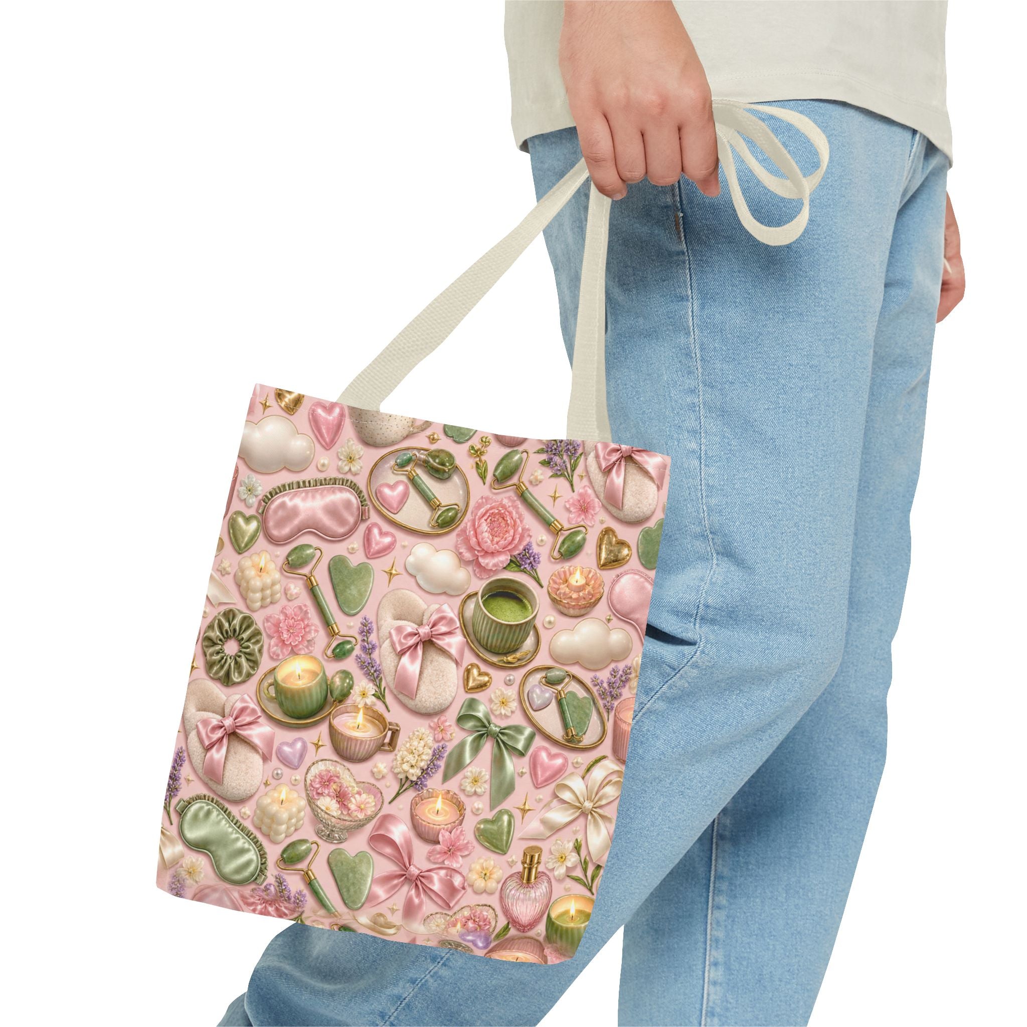Spa Day Pattern Tote Bag – Pink Self-Care AOP Tote with Tea, Candles & Masks