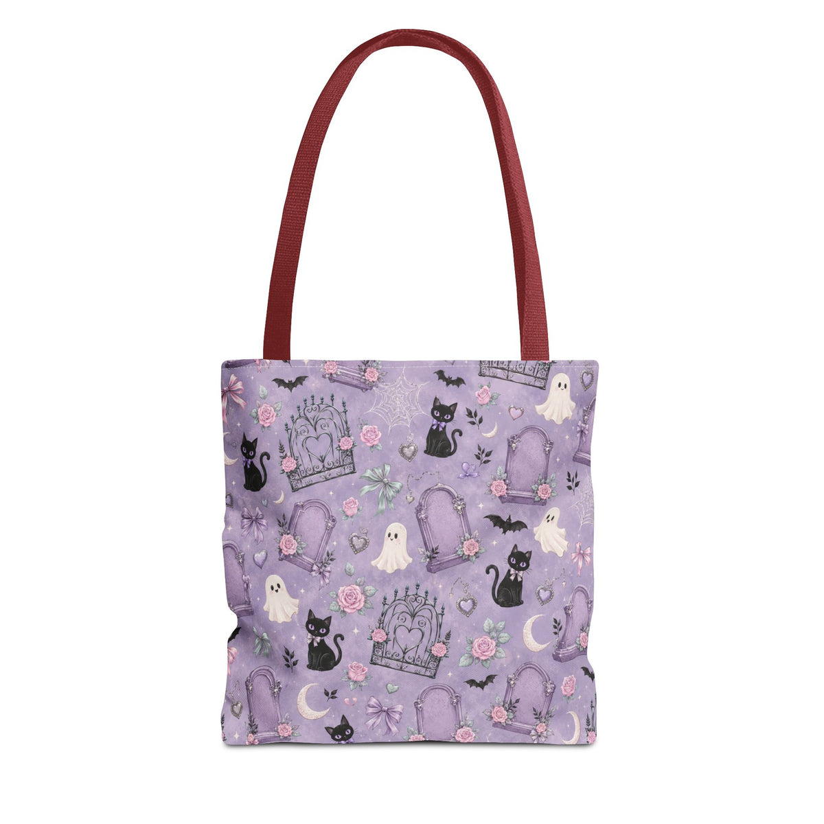Kawaii Cute Ghost & Black Cat Tote Bag – Purple Cemetery Pattern