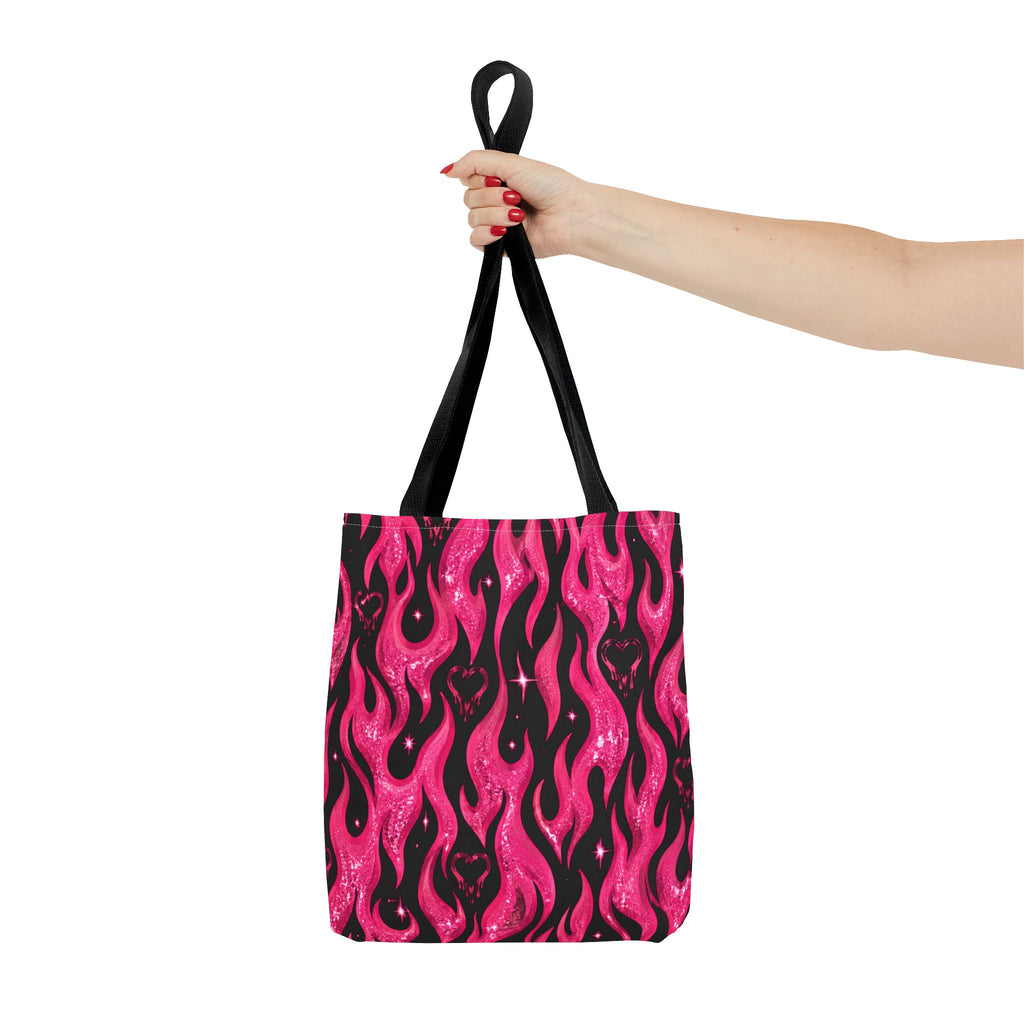 Pink Flame Heart Tote Bag — All-Over Print Gothic Flame Pattern