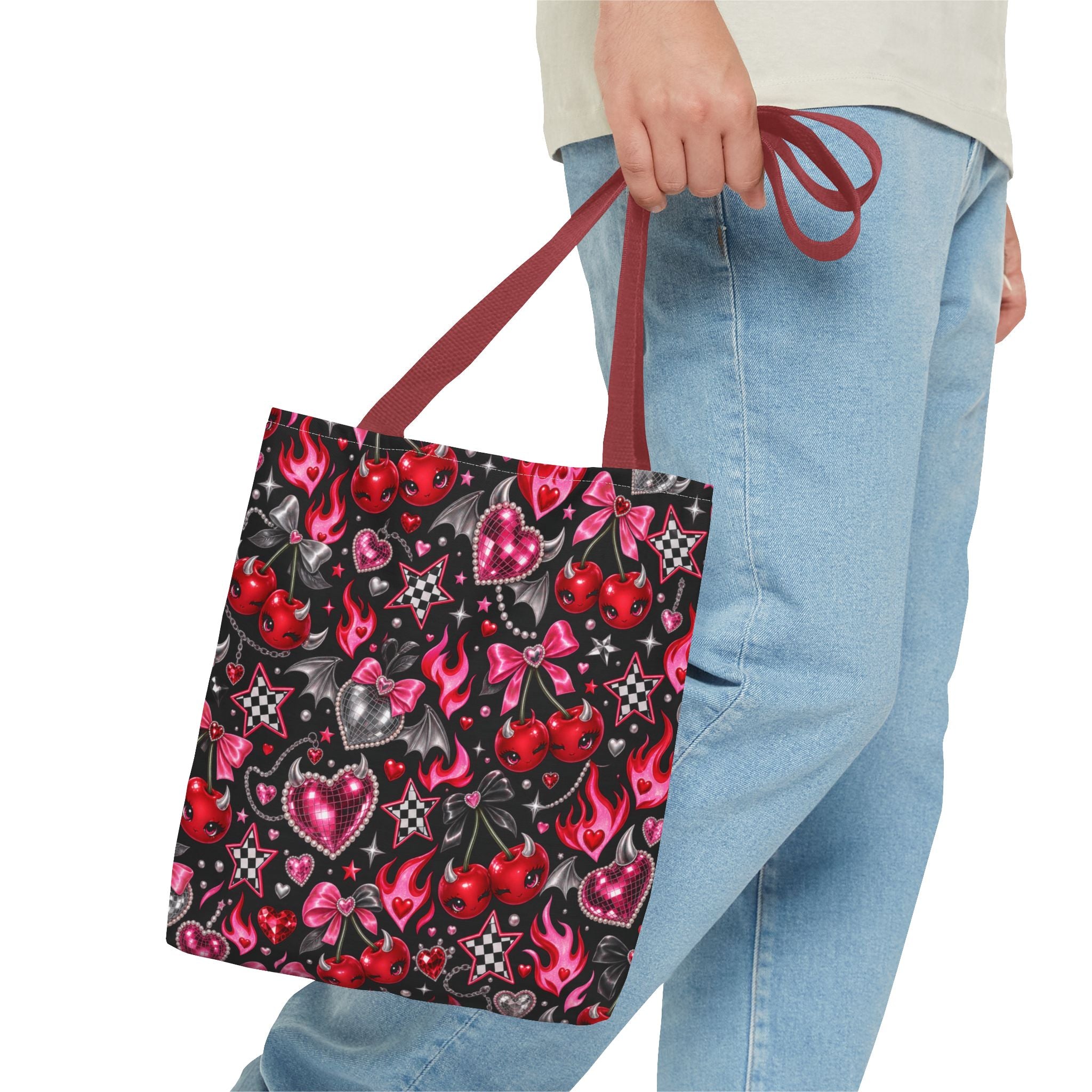 Cherry Hearts Pattern Tote Bag — Retro Kawaii Flaming Hearts & Bows AOP Tote
