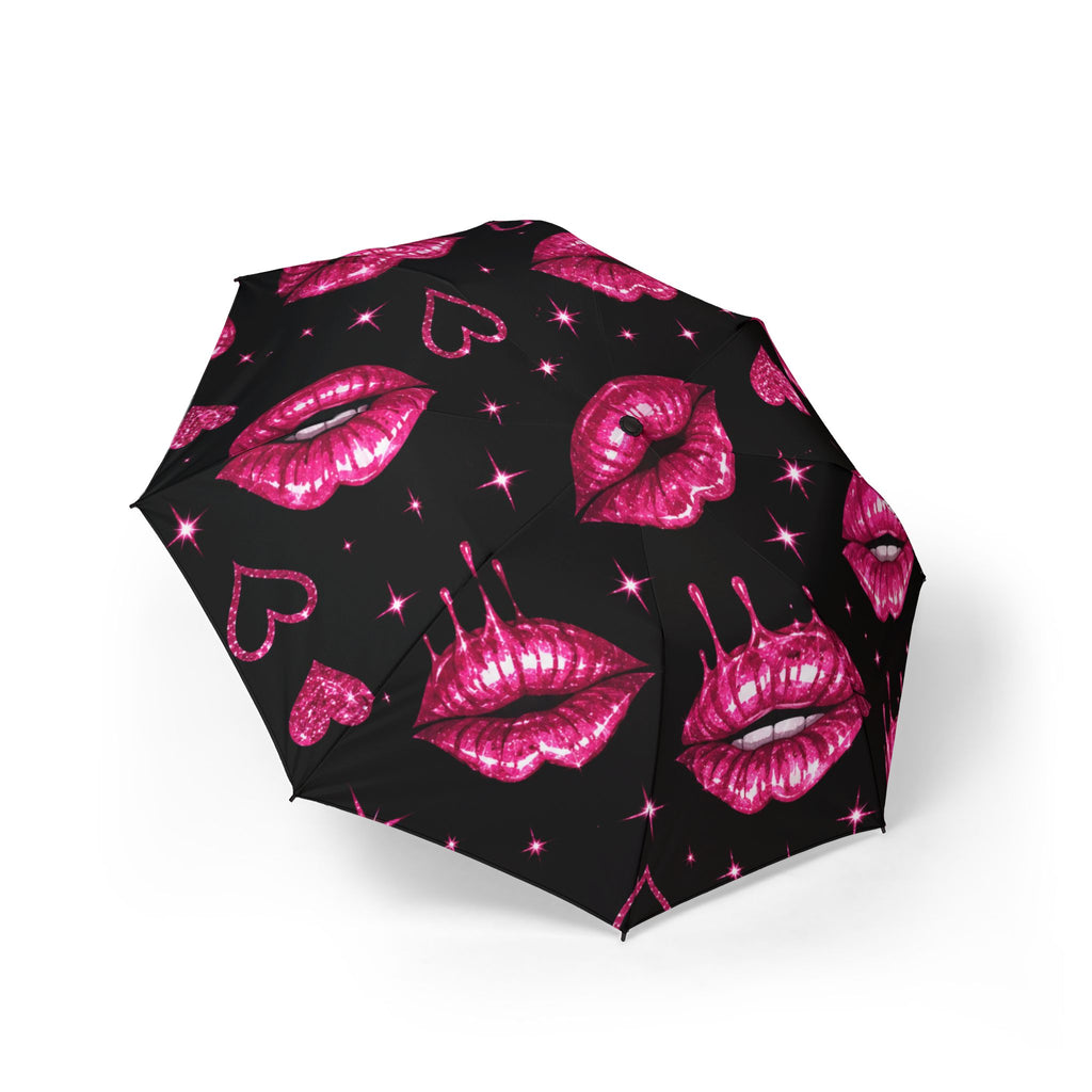 Compact Umbrella — Pink Lip Print Foldable Travel Umbrella (Semi‑Automatic)