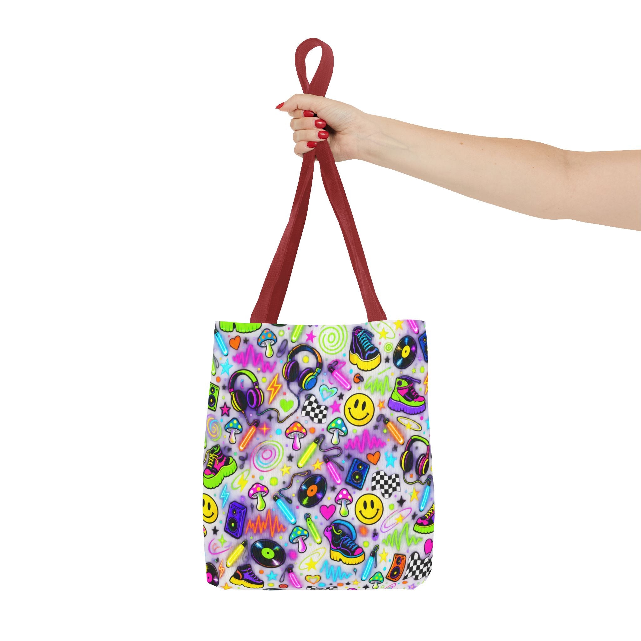Neon 90s Sticker Collage Tote Bag — Retro Smileys, Records & Psychedelic Icons AOP
