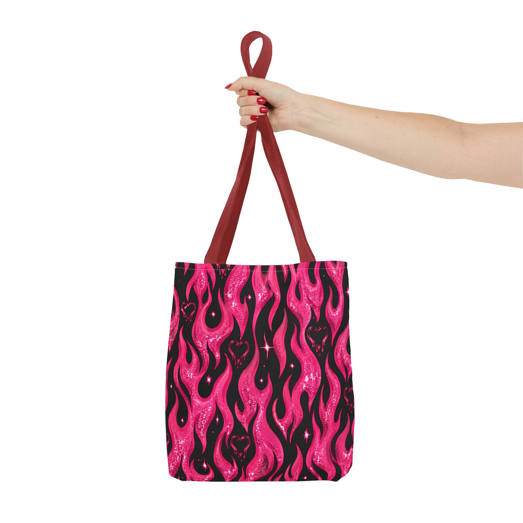 Pink Flame Heart Tote Bag — All-Over Print Gothic Flame Pattern