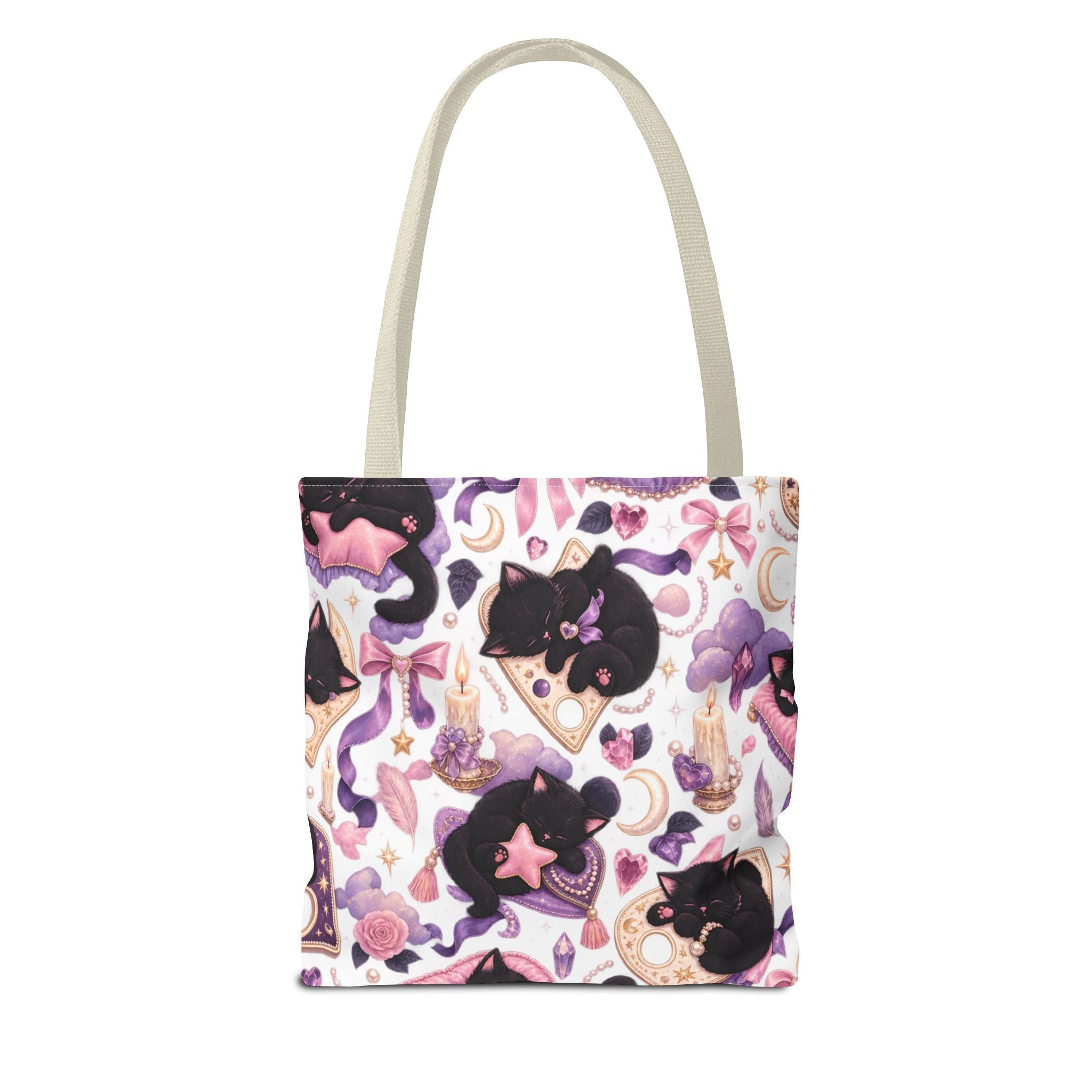 Magical Black Cat Pattern Tote Bag – Cute Witchy Moon & Stars All-Over Print