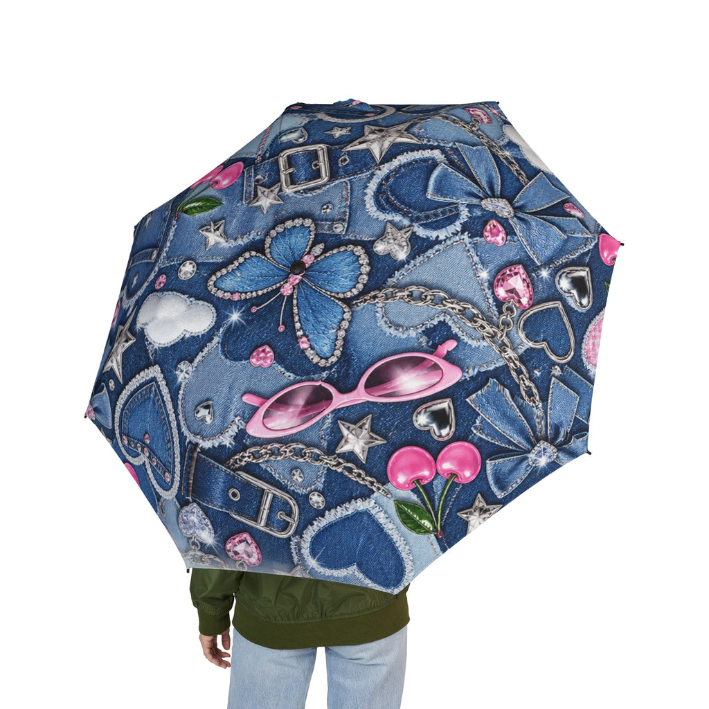 Foldable Umbrella — Denim Hearts & Bows Pattern, Semi-Automatic Compact Travel Umbrella