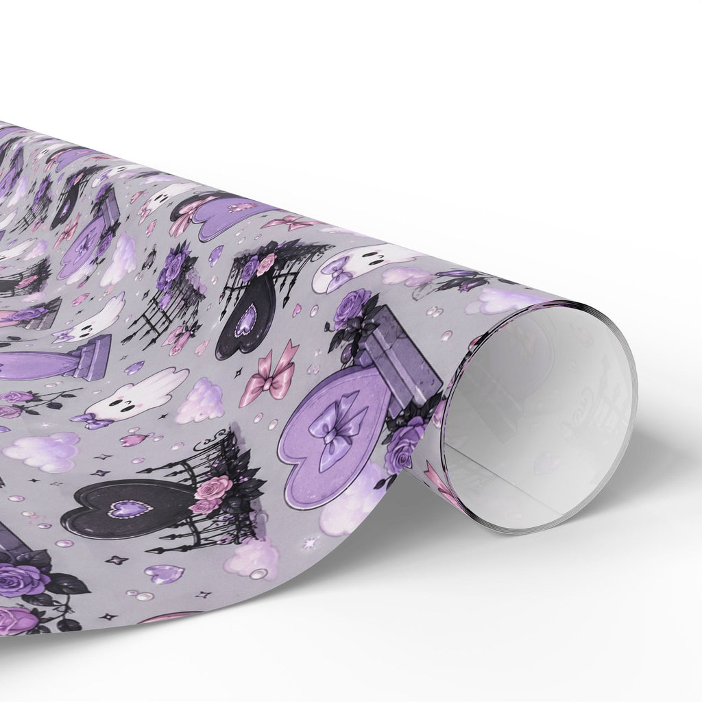 Gothic Cute Lavender Wrapping Paper – Purple Skull, Heart & Rose Pattern